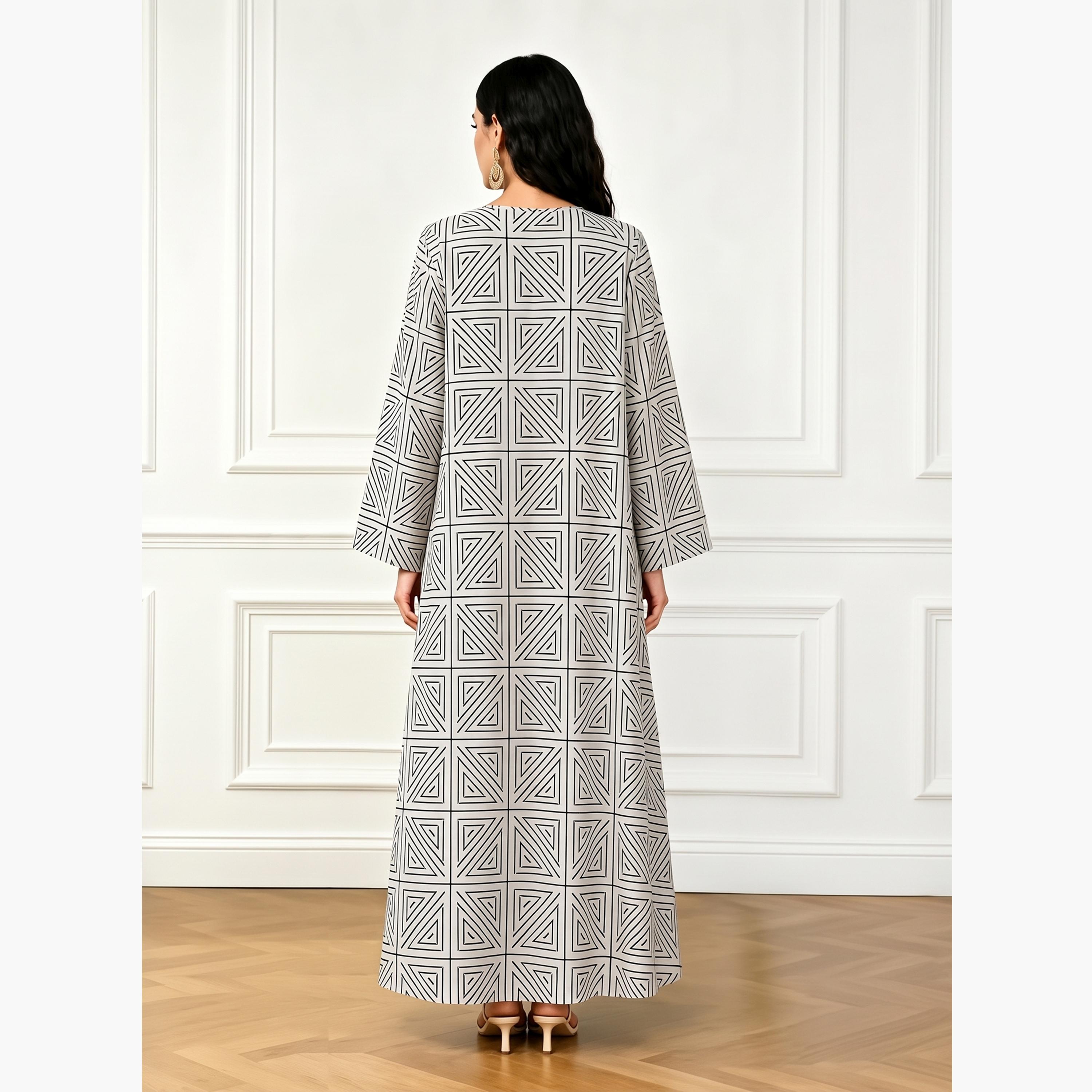Take Two Grey V Neck Geometric Print Jalabiya-women-arabicclothing-jalabiyas-image-4