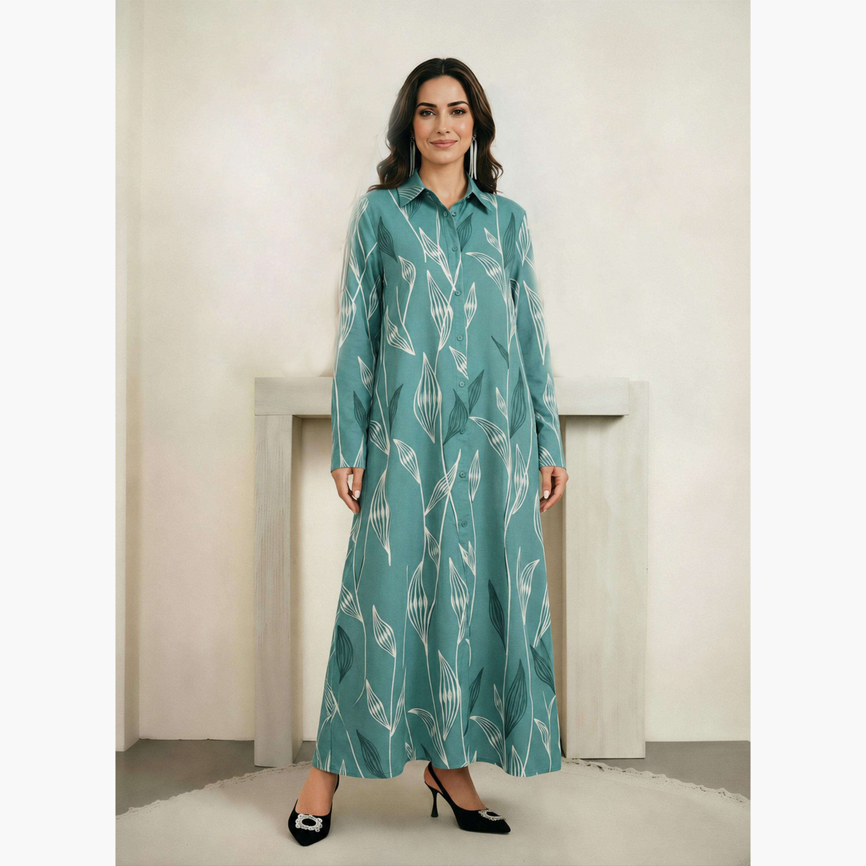 Take Two Green Long Sleeves Graphic Print Shirt Maxi Dress-women-clothing-dresses-image-1