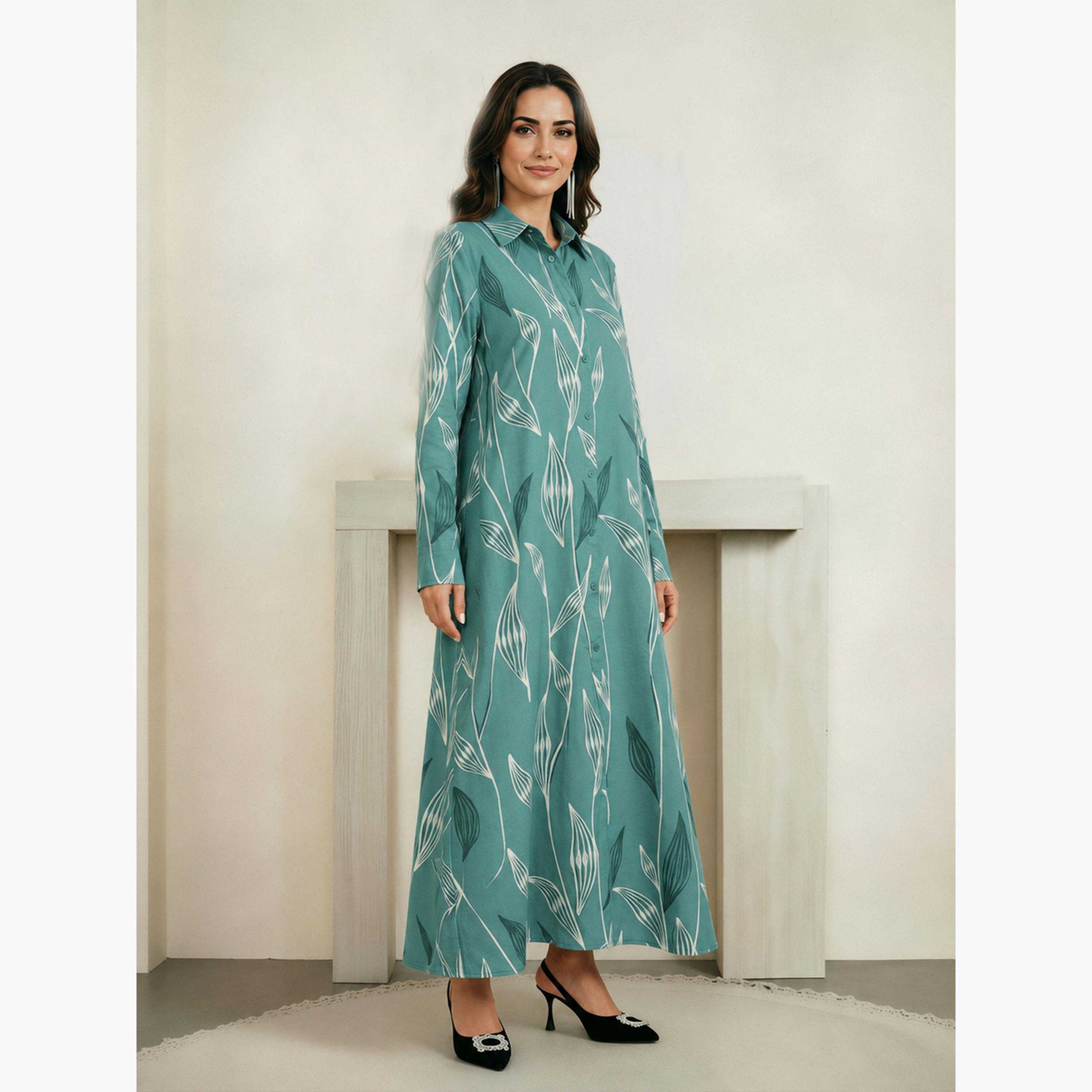 Take Two Green Long Sleeves Graphic Print Shirt Maxi Dress-women-clothing-dresses-image-2