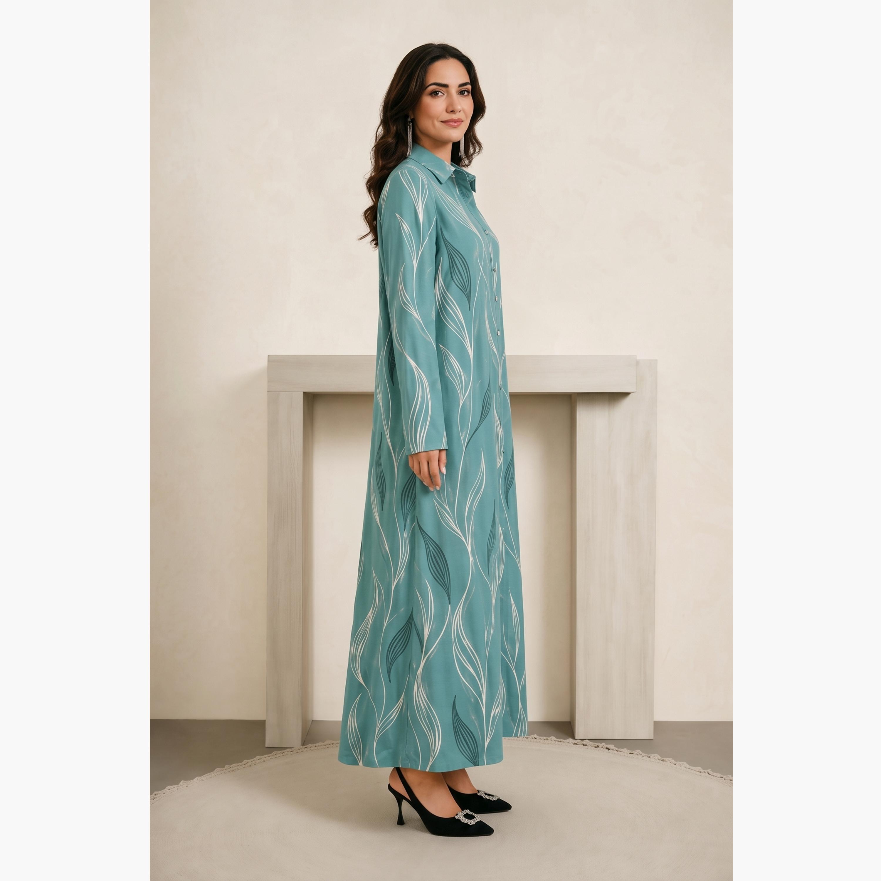 Take Two Green Long Sleeves Graphic Print Shirt Maxi Dress-women-clothing-dresses-image-4