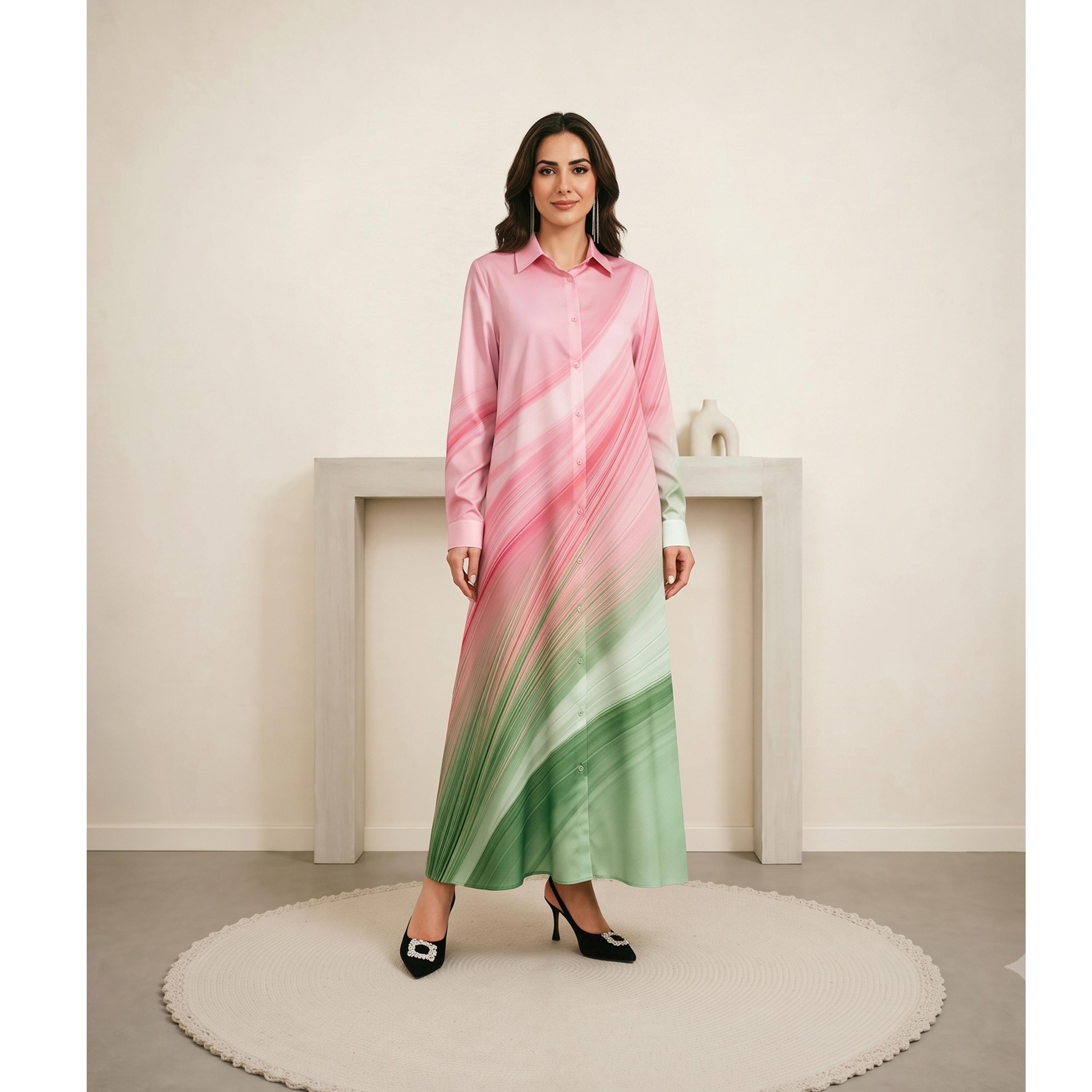 فستان طويل بنمط قميص وأكمام طويلة ونمط كتل الالوان-women-clothing-dresses-image-1