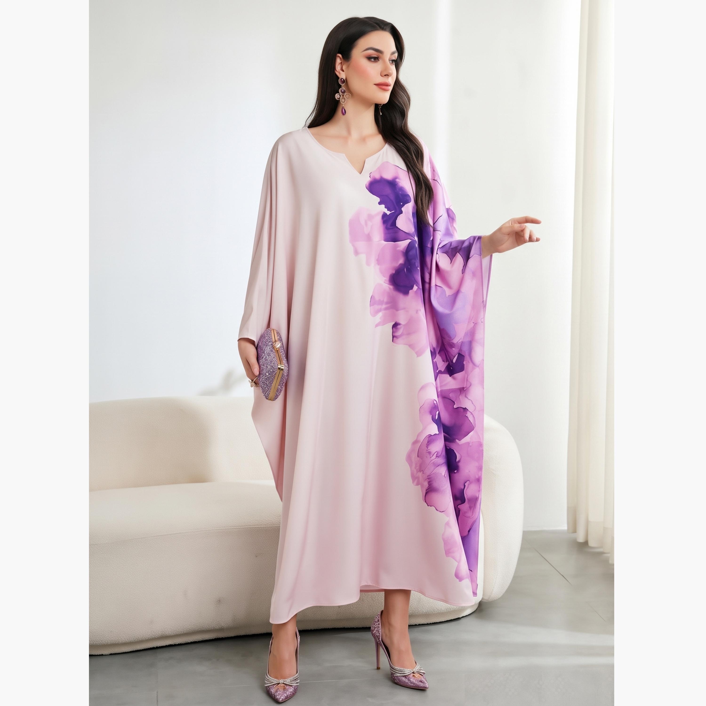 Take Two Pink Print Floral Batwing Sleeves Kaftan-women-arabicclothing-kaftan-image-1