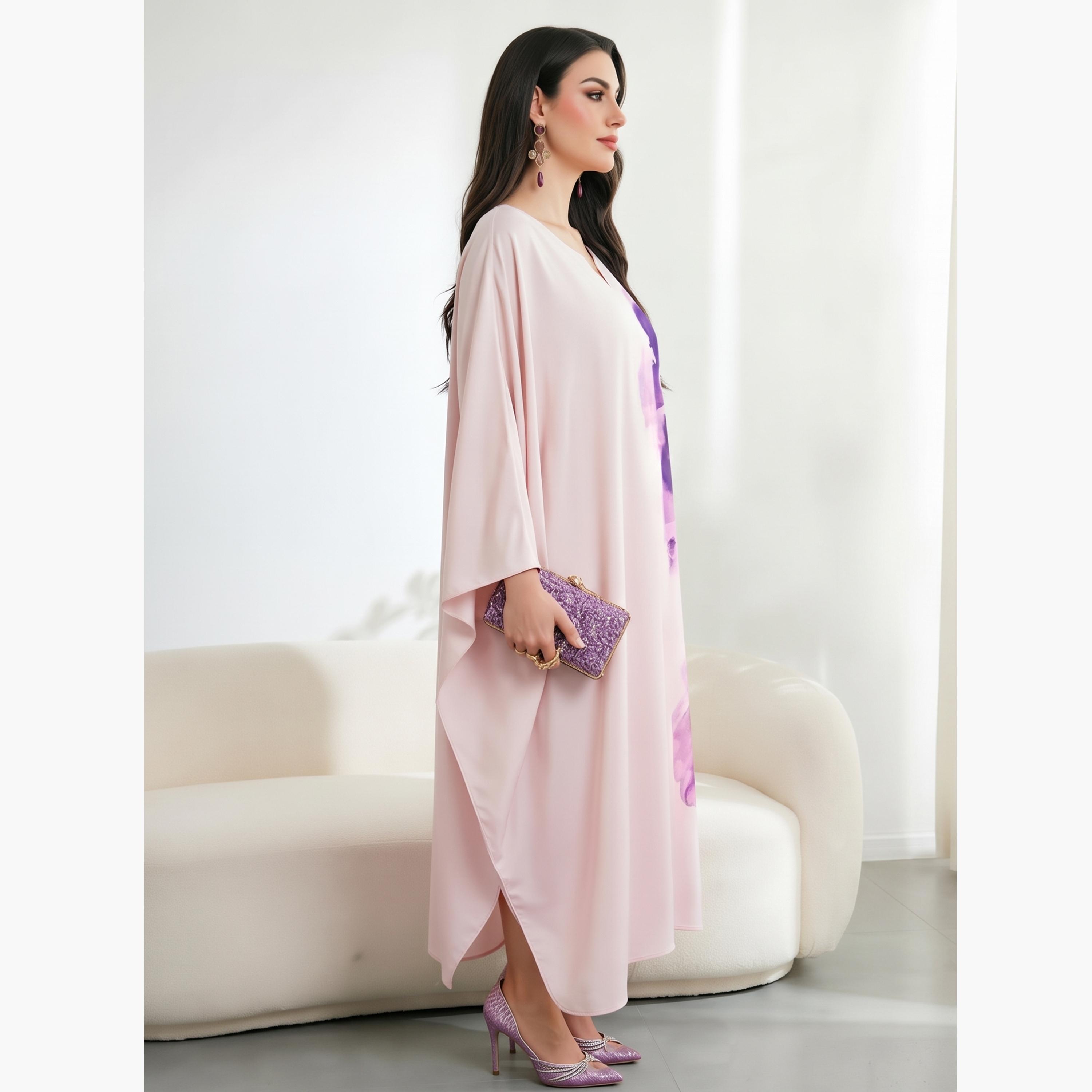 Take Two Pink Print Floral Batwing Sleeves Kaftan-women-arabicclothing-kaftan-image-2