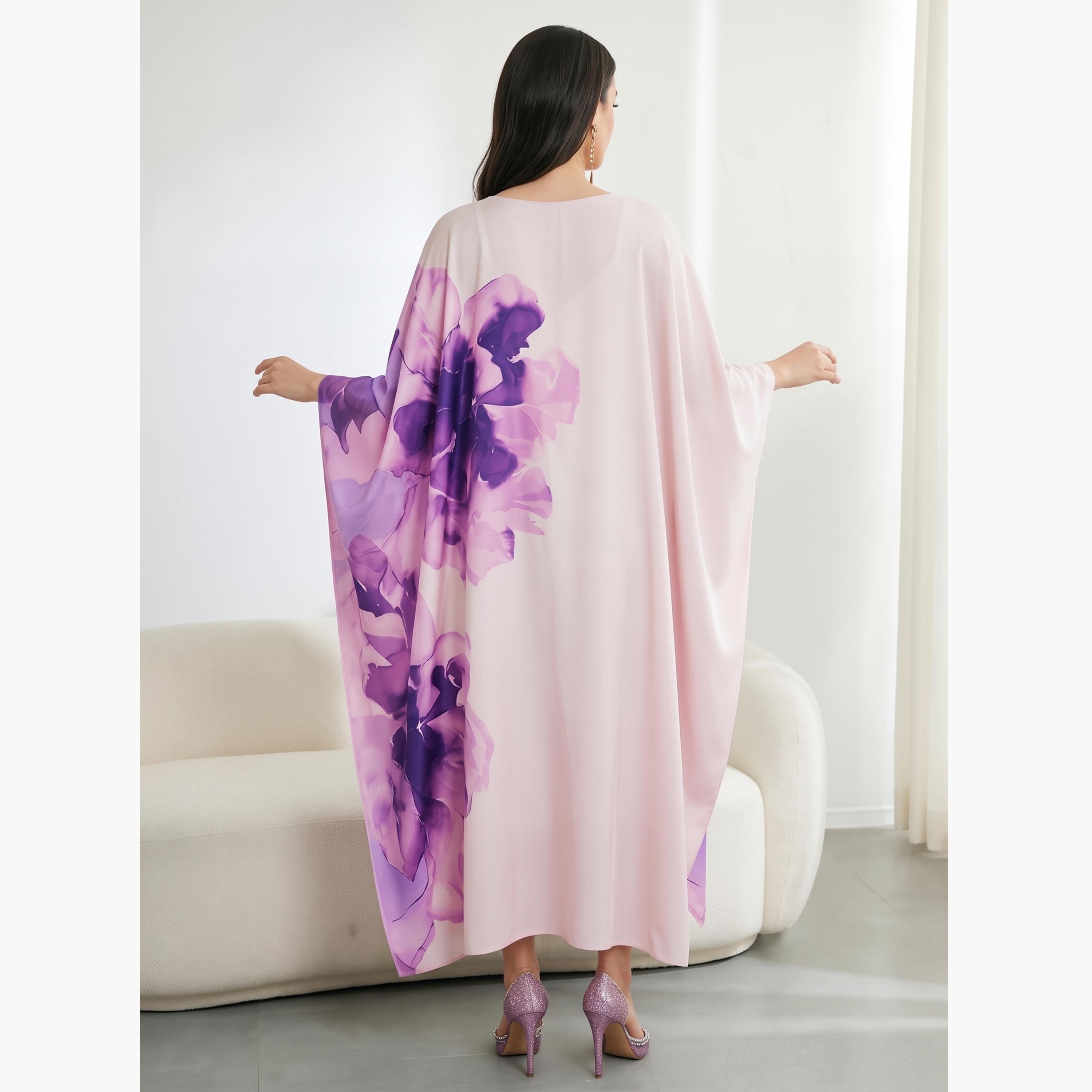 Take Two Pink Print Floral Batwing Sleeves Kaftan-women-arabicclothing-kaftan-image-3