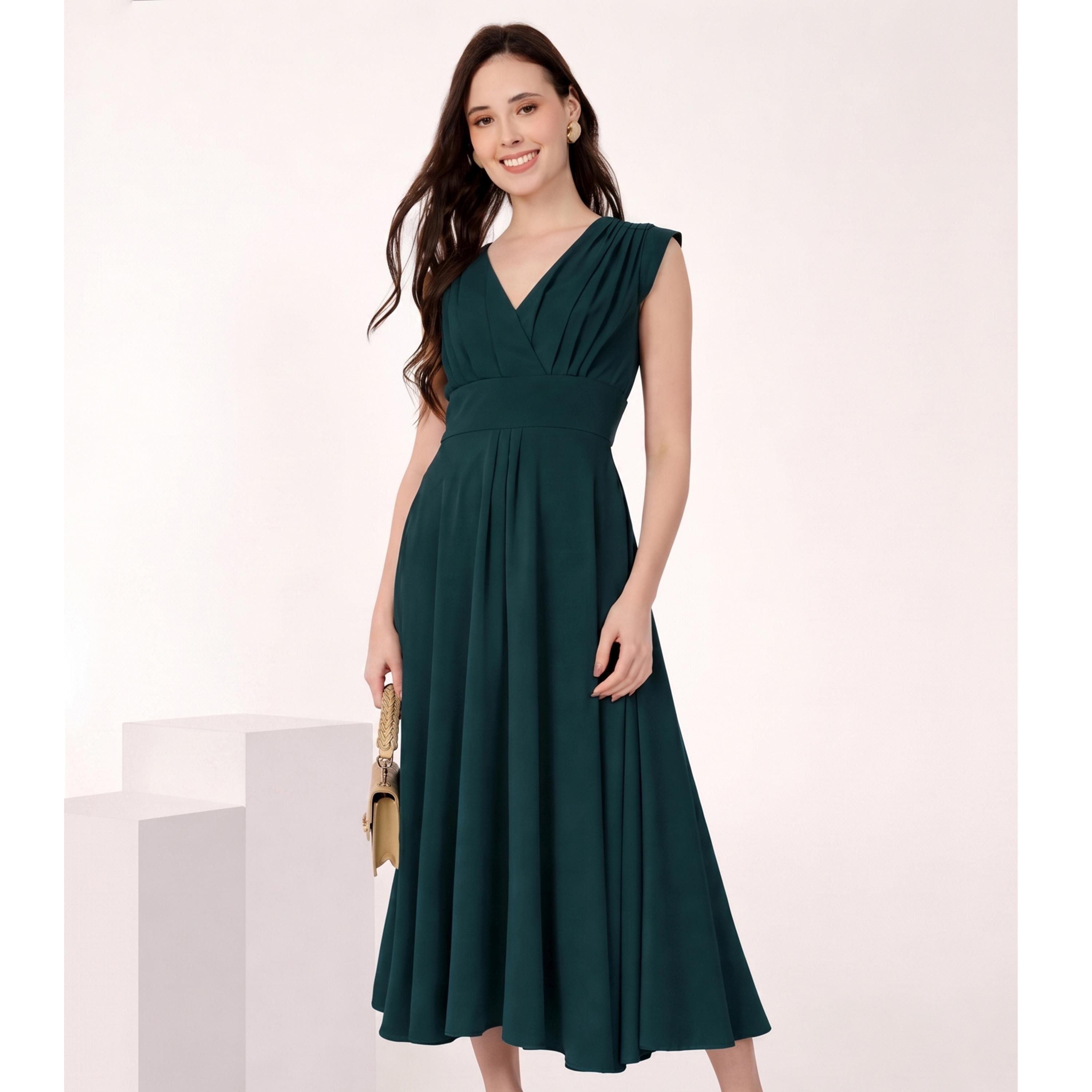 Mish X Styli Teal Cap Sleeves Rushed Fit and Flare Midi Dress-women-clothing-dresses-image-1