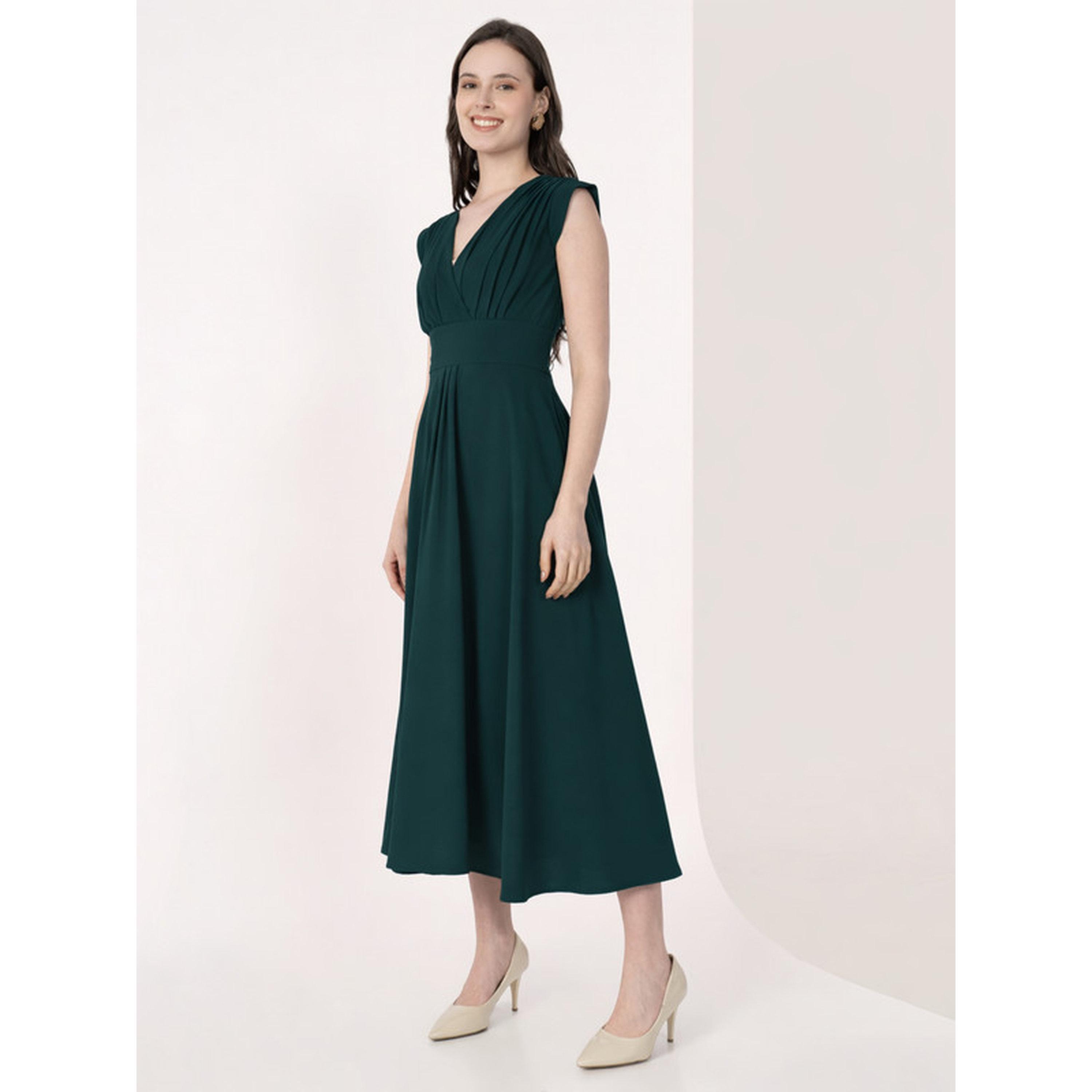 Mish X Styli Teal Cap Sleeves Rushed Fit and Flare Midi Dress-women-clothing-dresses-image-2
