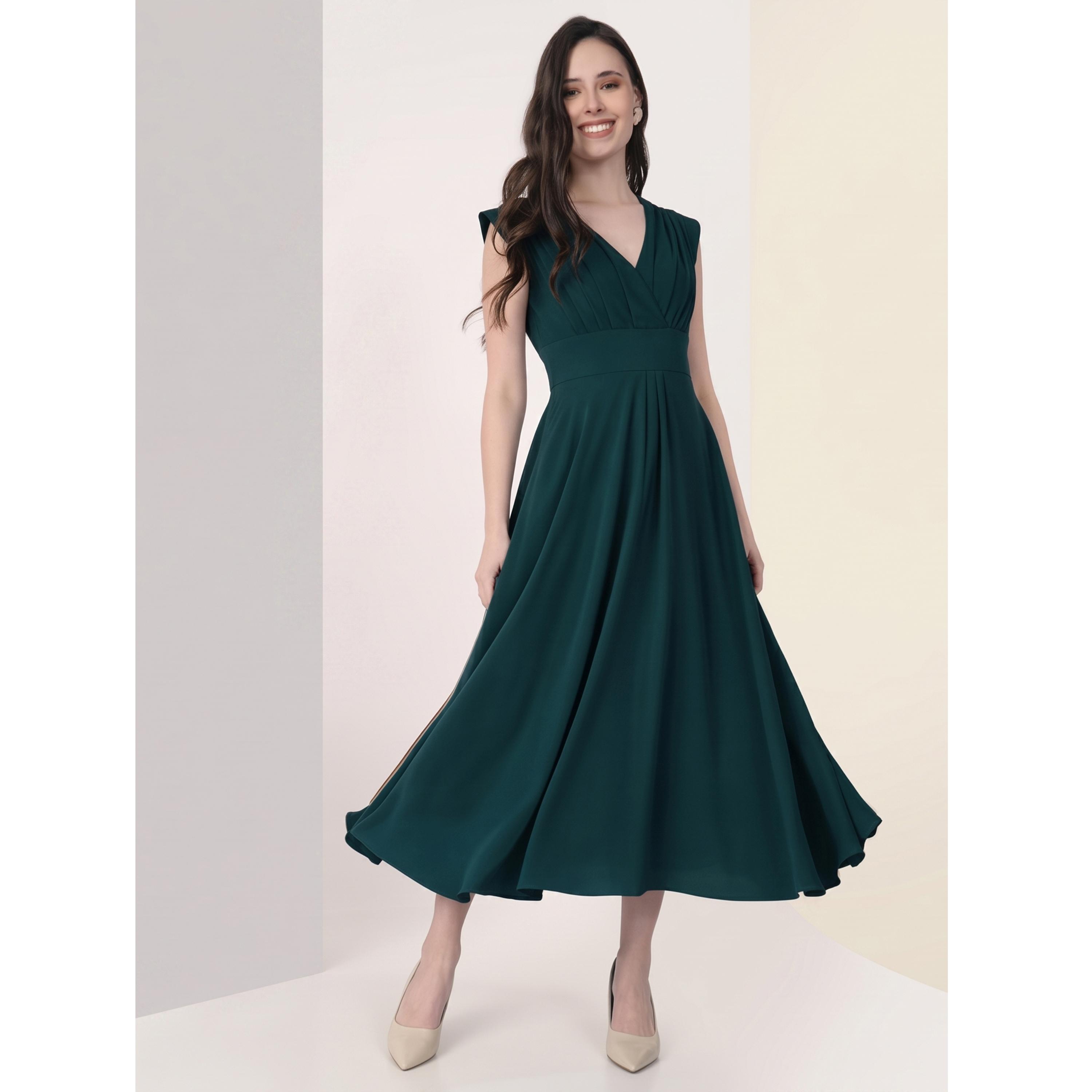 Mish X Styli Teal Cap Sleeves Rushed Fit and Flare Midi Dress-women-clothing-dresses-image-3