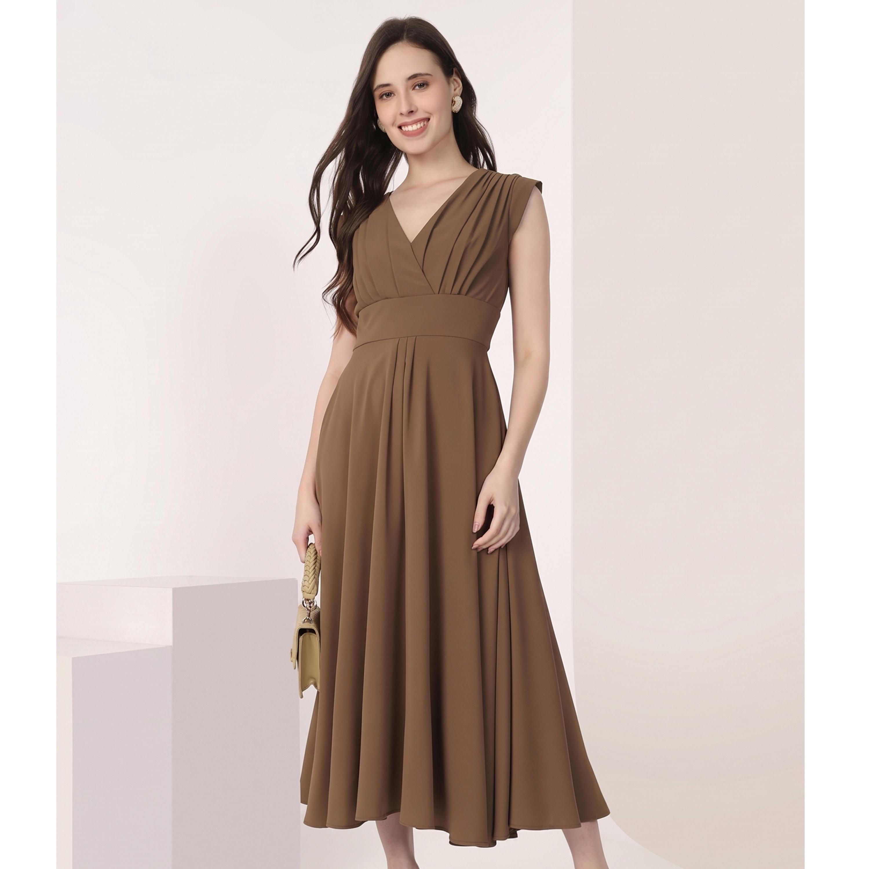 فستان ميدي واسع بقصة متناسقة وتفاصيل زم وأكمام كاب-women-clothing-dresses-image-1