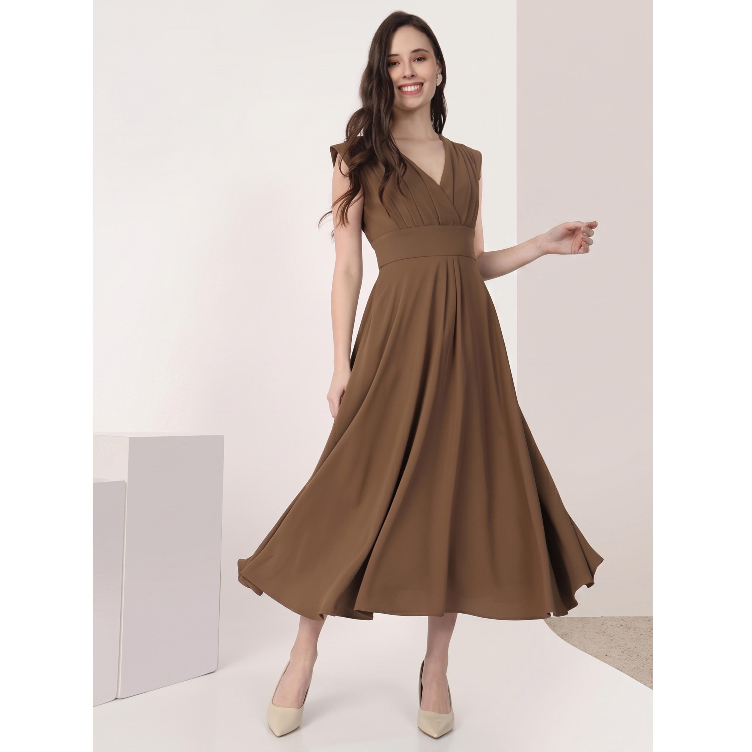 فستان ميدي واسع بقصة متناسقة وتفاصيل زم وأكمام كاب-women-clothing-dresses-image-3