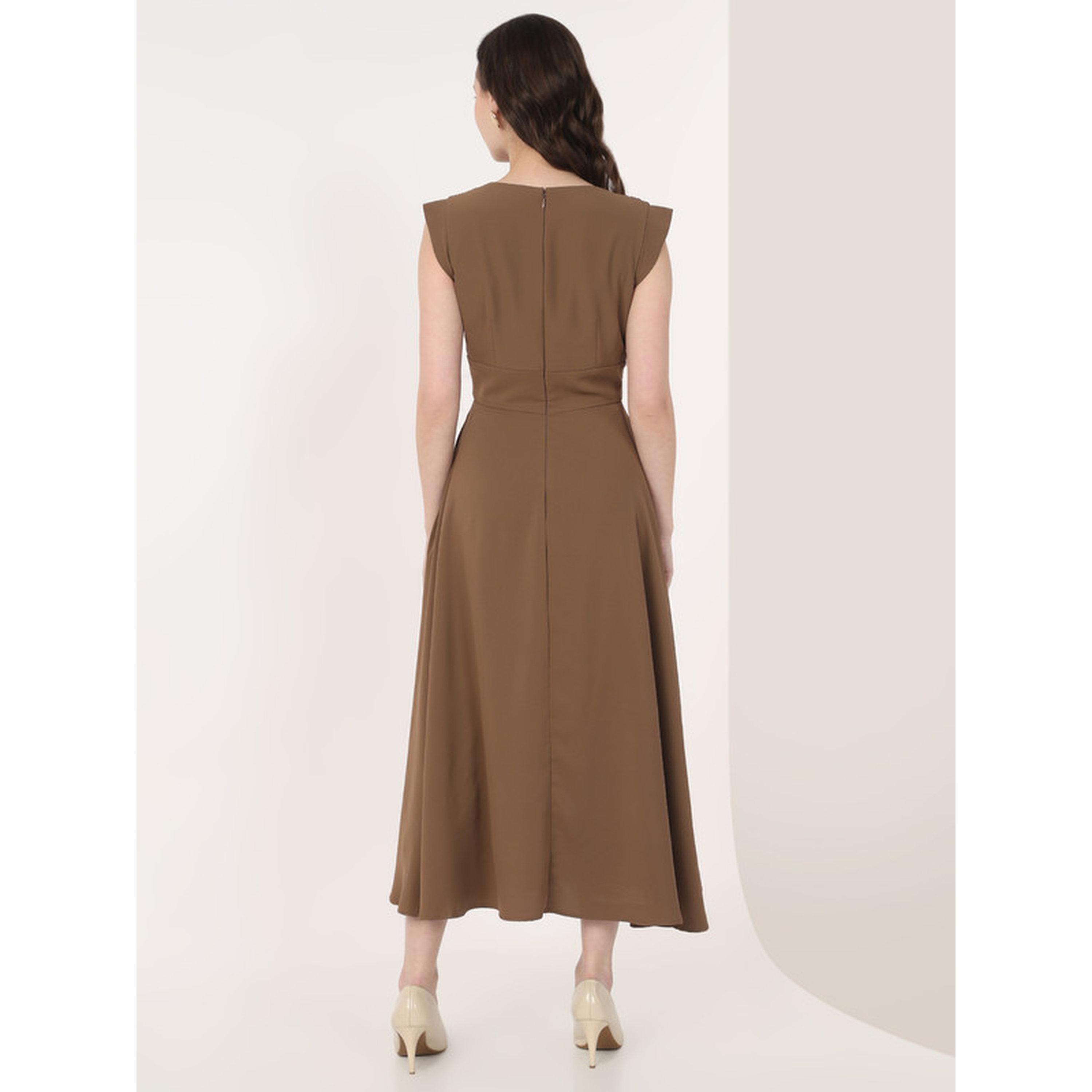 فستان ميدي واسع بقصة متناسقة وتفاصيل زم وأكمام كاب-women-clothing-dresses-image-4