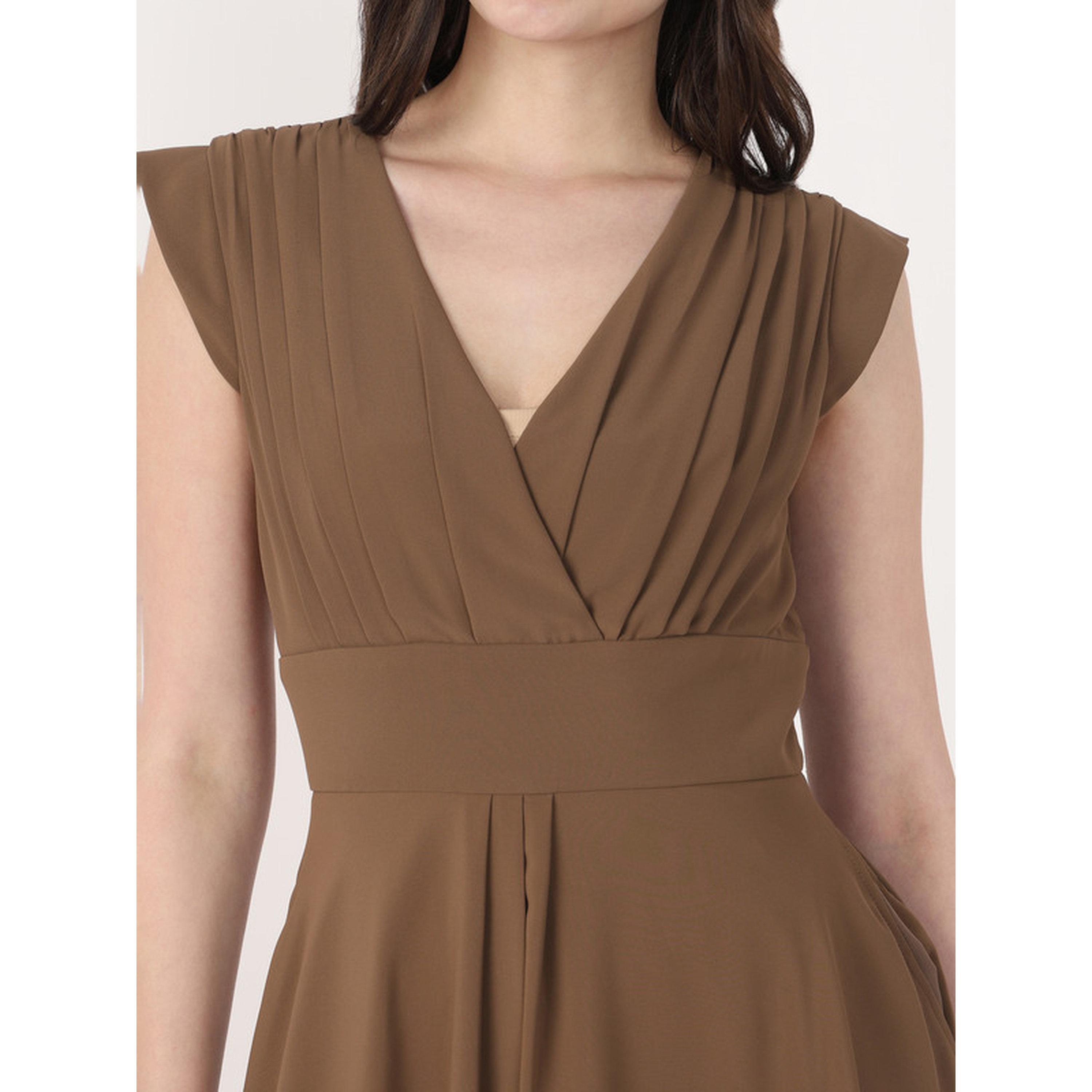 فستان ميدي واسع بقصة متناسقة وتفاصيل زم وأكمام كاب-women-clothing-dresses-image-5