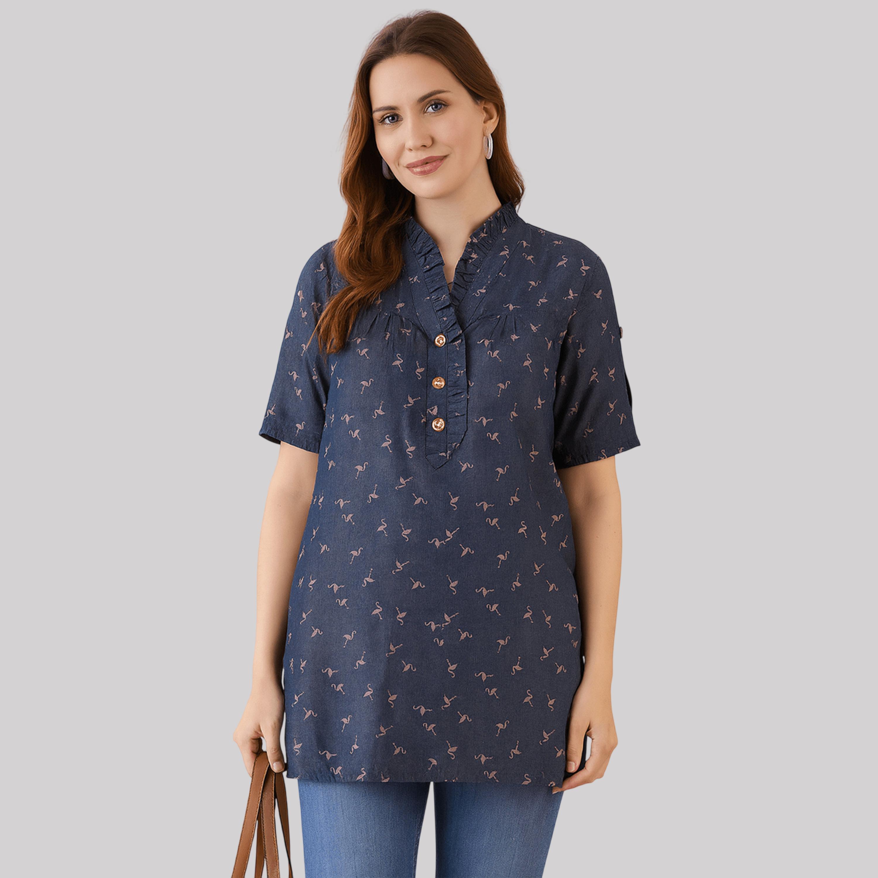 بلوزة دنيم قطن بياقة بكشكش وطبعة فلامنغو-women-clothing-shirtsandblouses-blouses-image-1