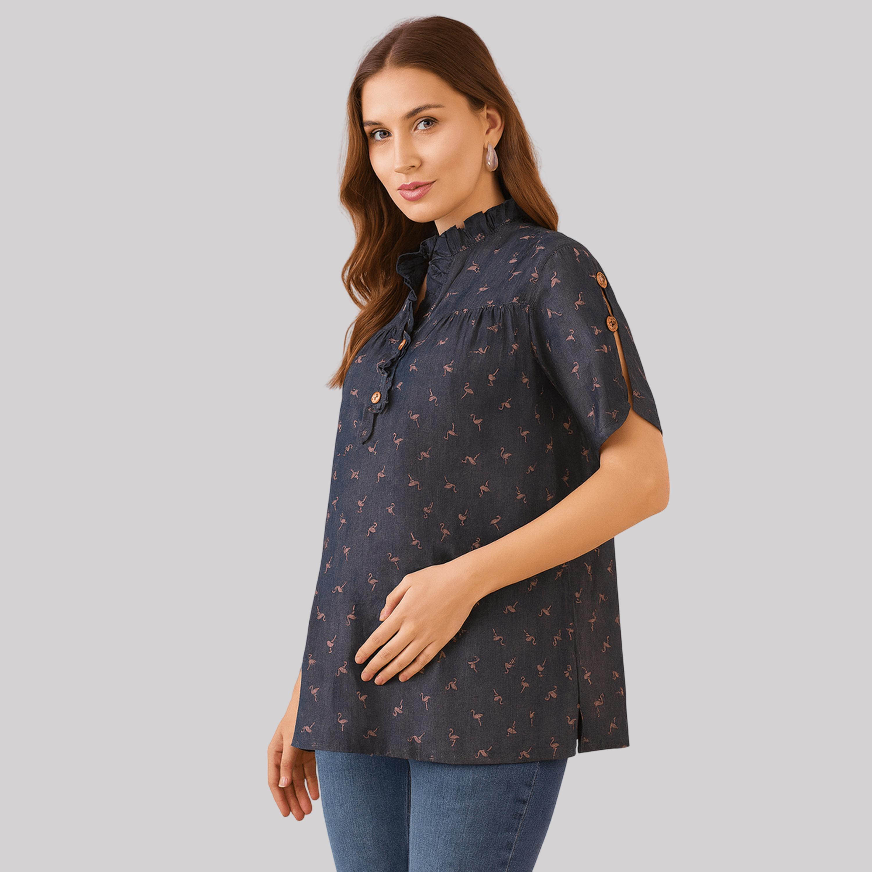 بلوزة دنيم قطن بياقة بكشكش وطبعة فلامنغو-women-clothing-shirtsandblouses-blouses-image-2