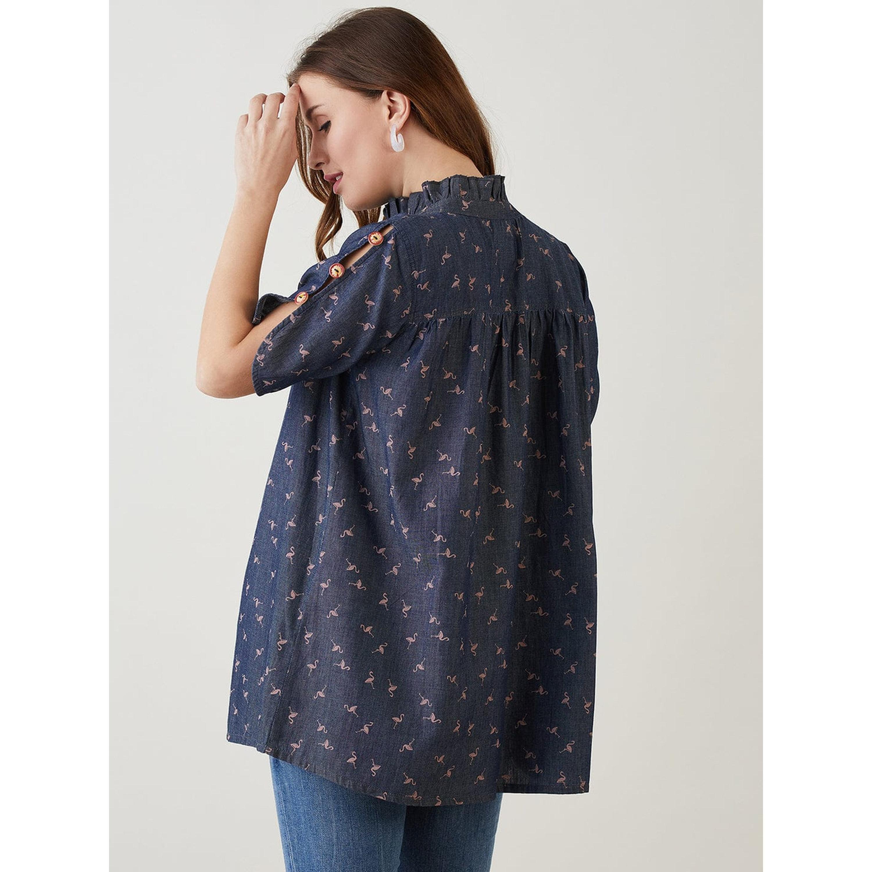 بلوزة دنيم قطن بياقة بكشكش وطبعة فلامنغو-women-clothing-shirtsandblouses-blouses-image-3