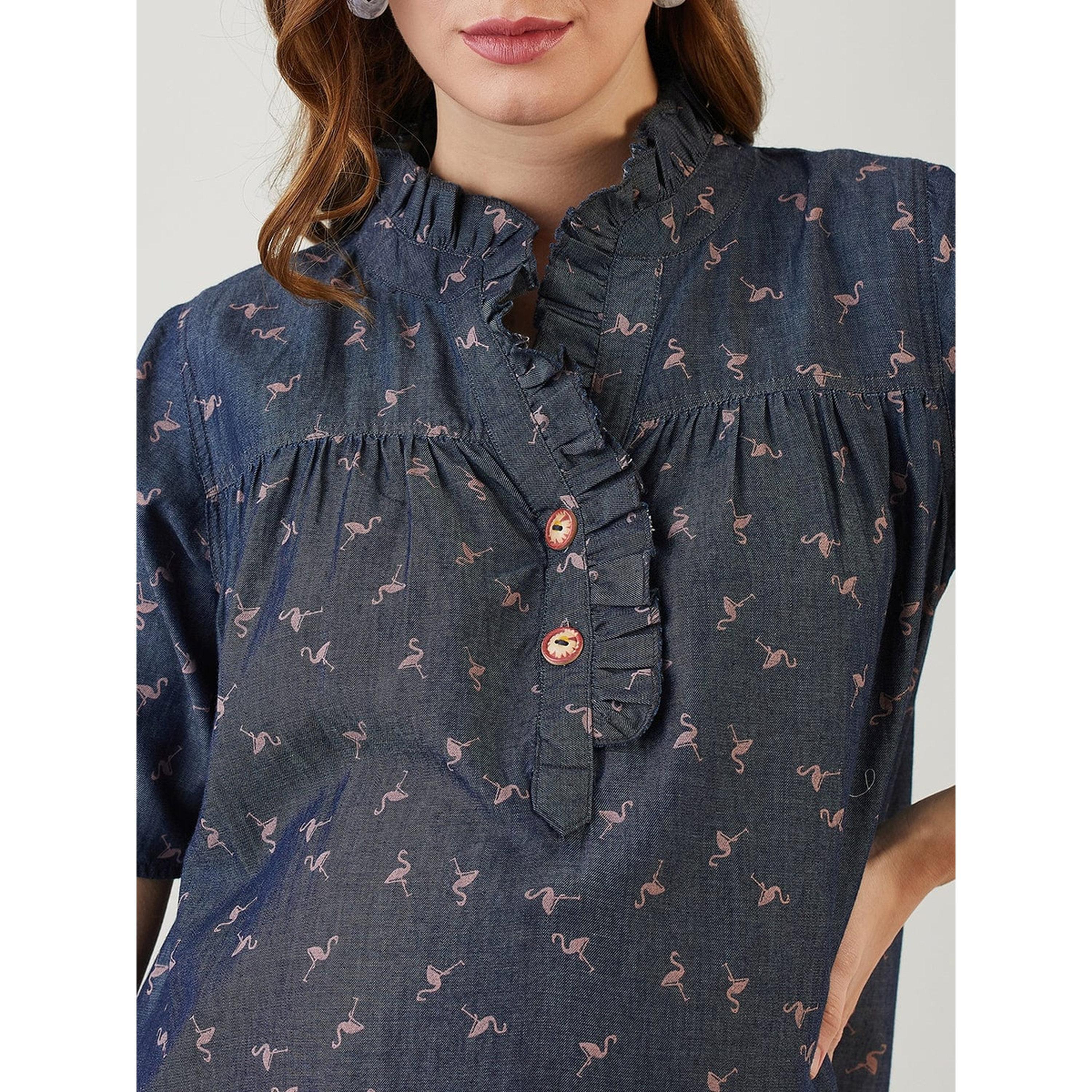 بلوزة دنيم قطن بياقة بكشكش وطبعة فلامنغو-women-clothing-shirtsandblouses-blouses-image-4