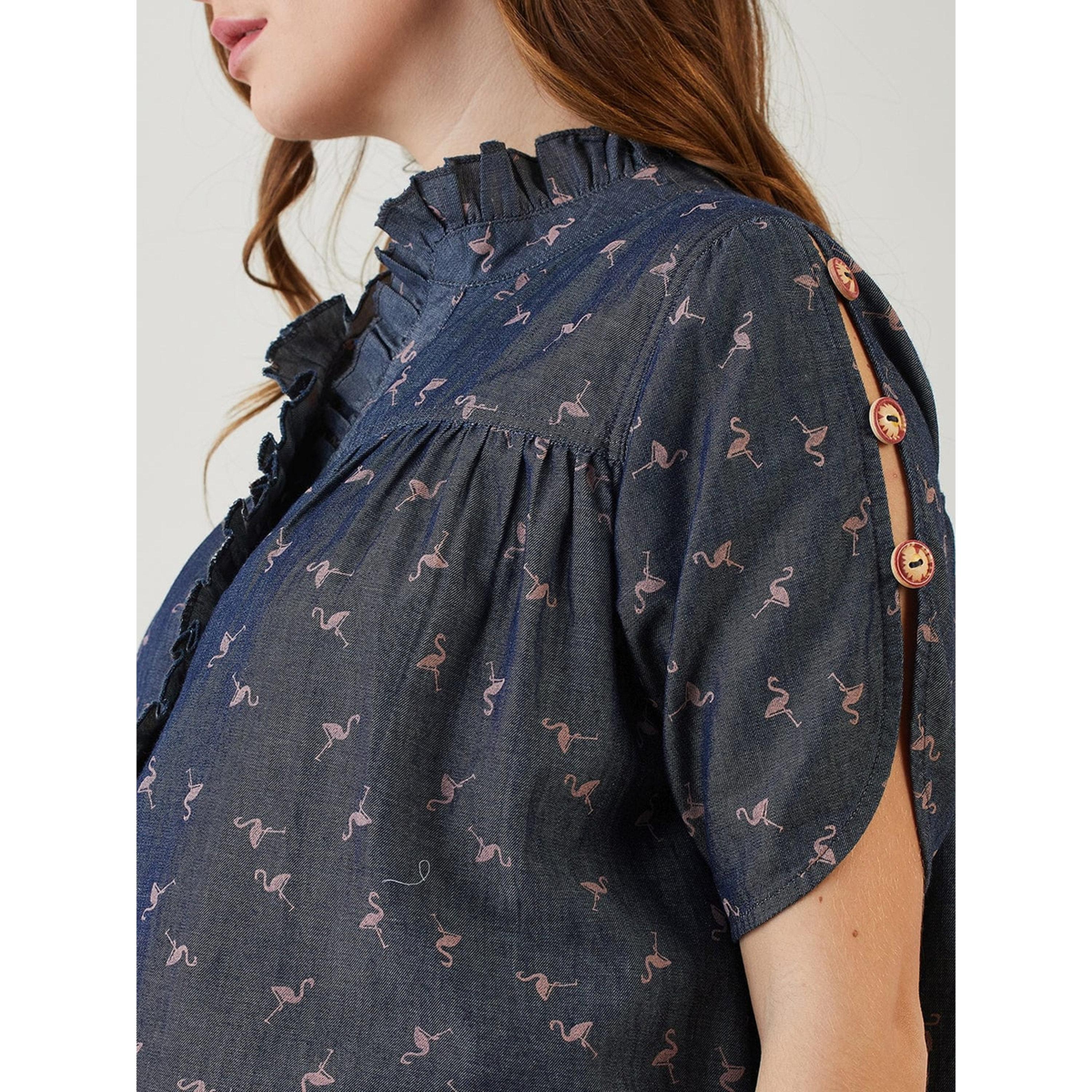 بلوزة دنيم قطن بياقة بكشكش وطبعة فلامنغو-women-clothing-shirtsandblouses-blouses-image-5