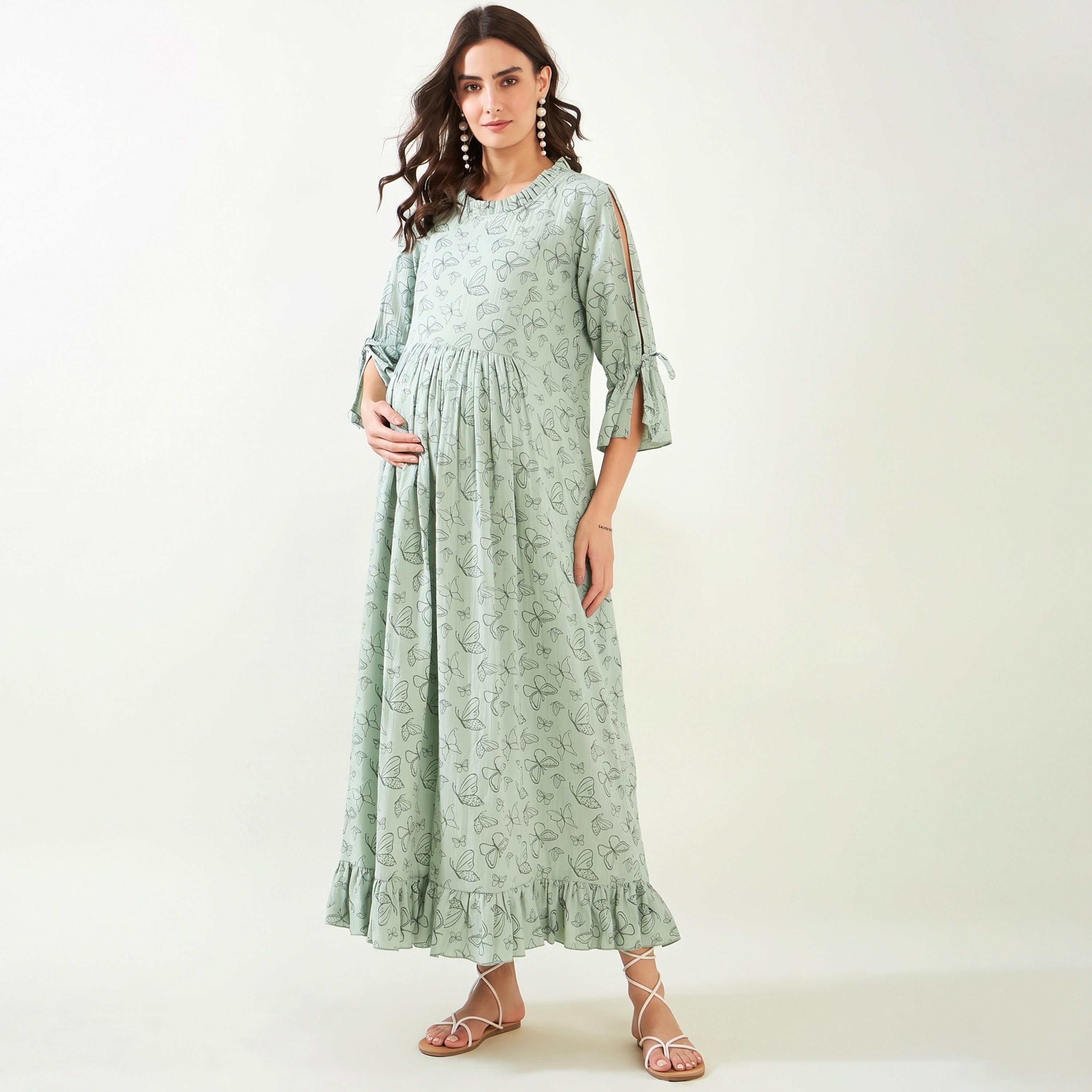 قميص نوم مريح للحوامل بحافة بكشكش وطبعة فراشة-women-clothing-maternity-nightwear-image-1
