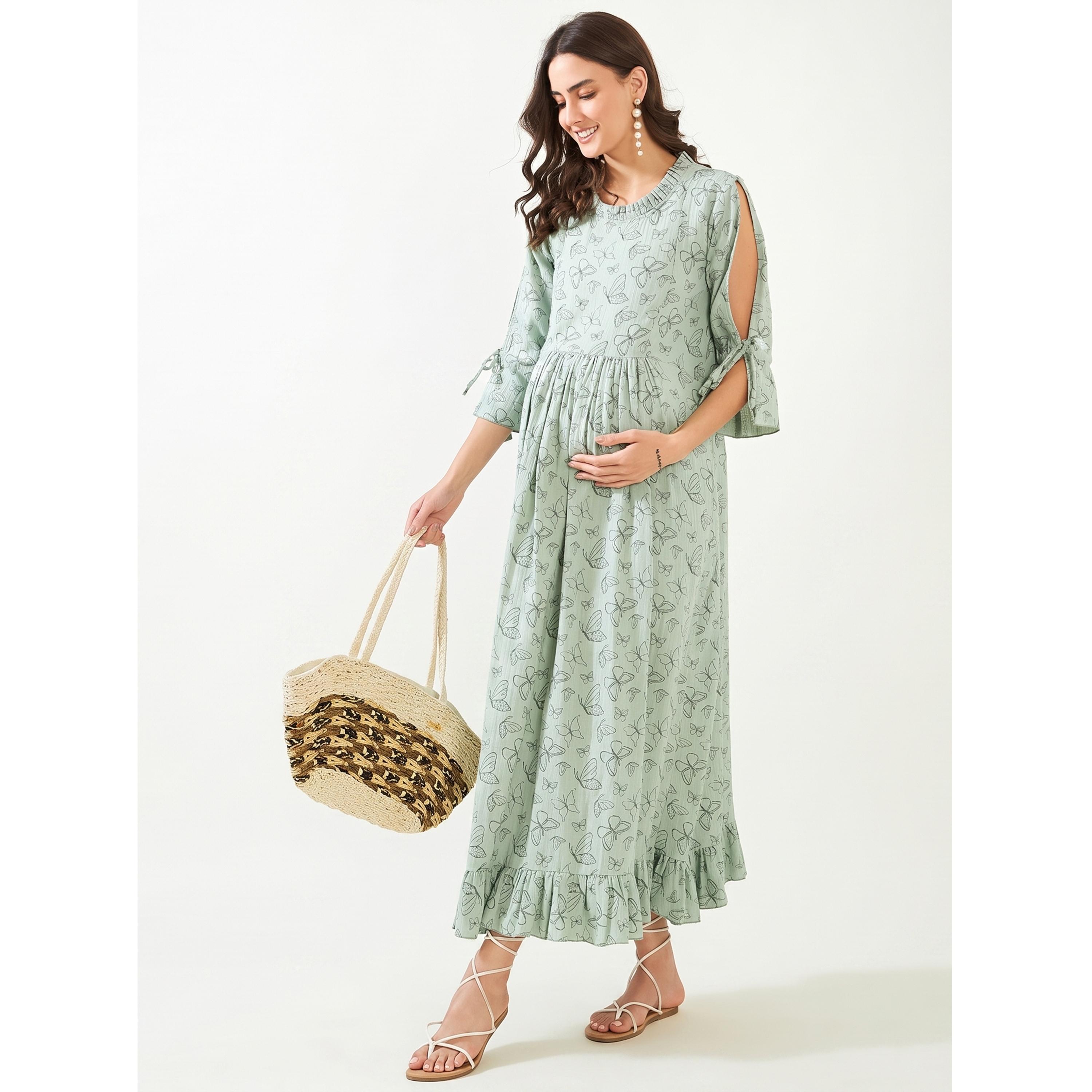 قميص نوم مريح للحوامل بحافة بكشكش وطبعة فراشة-women-clothing-maternity-nightwear-image-2