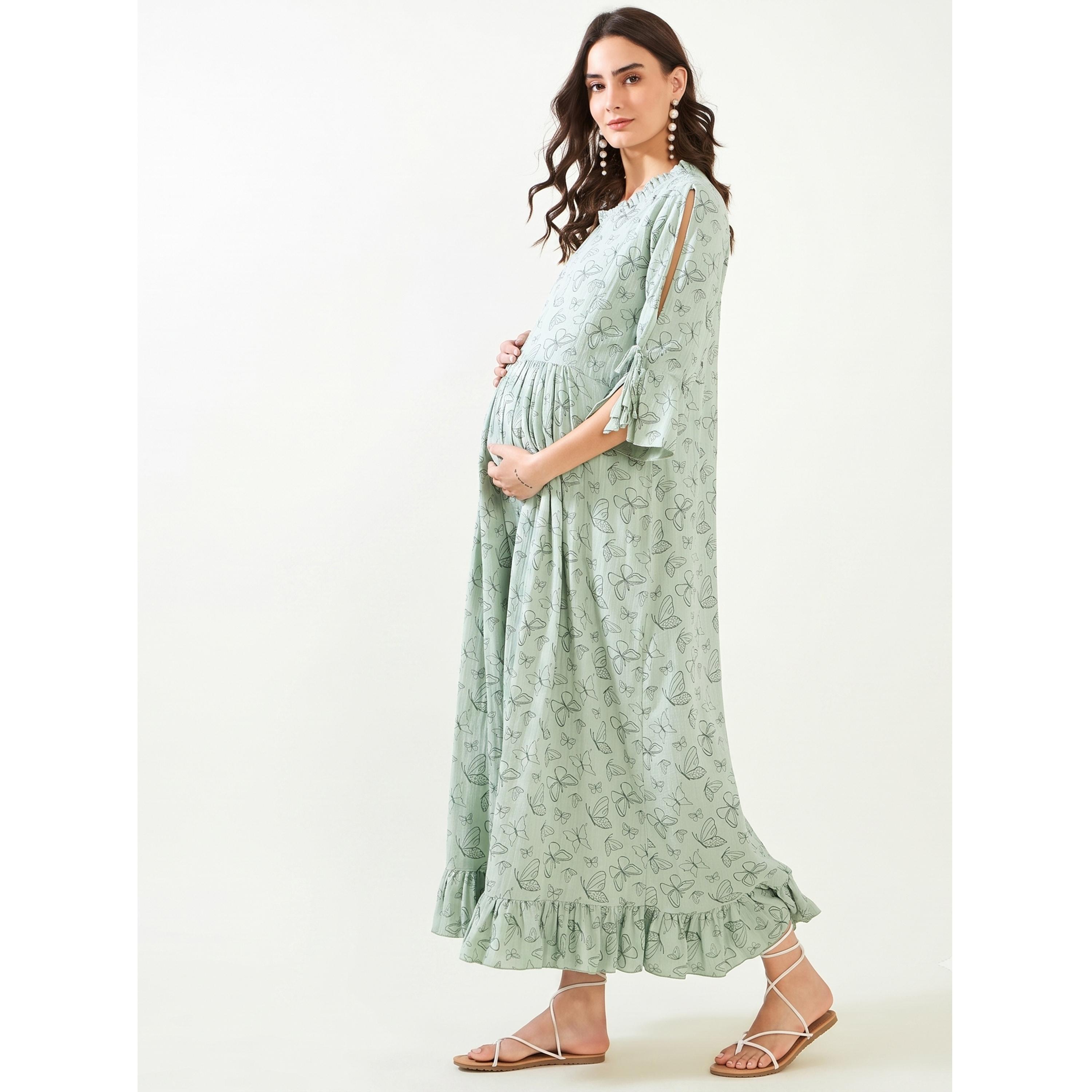 قميص نوم مريح للحوامل بحافة بكشكش وطبعة فراشة-women-clothing-maternity-nightwear-image-3