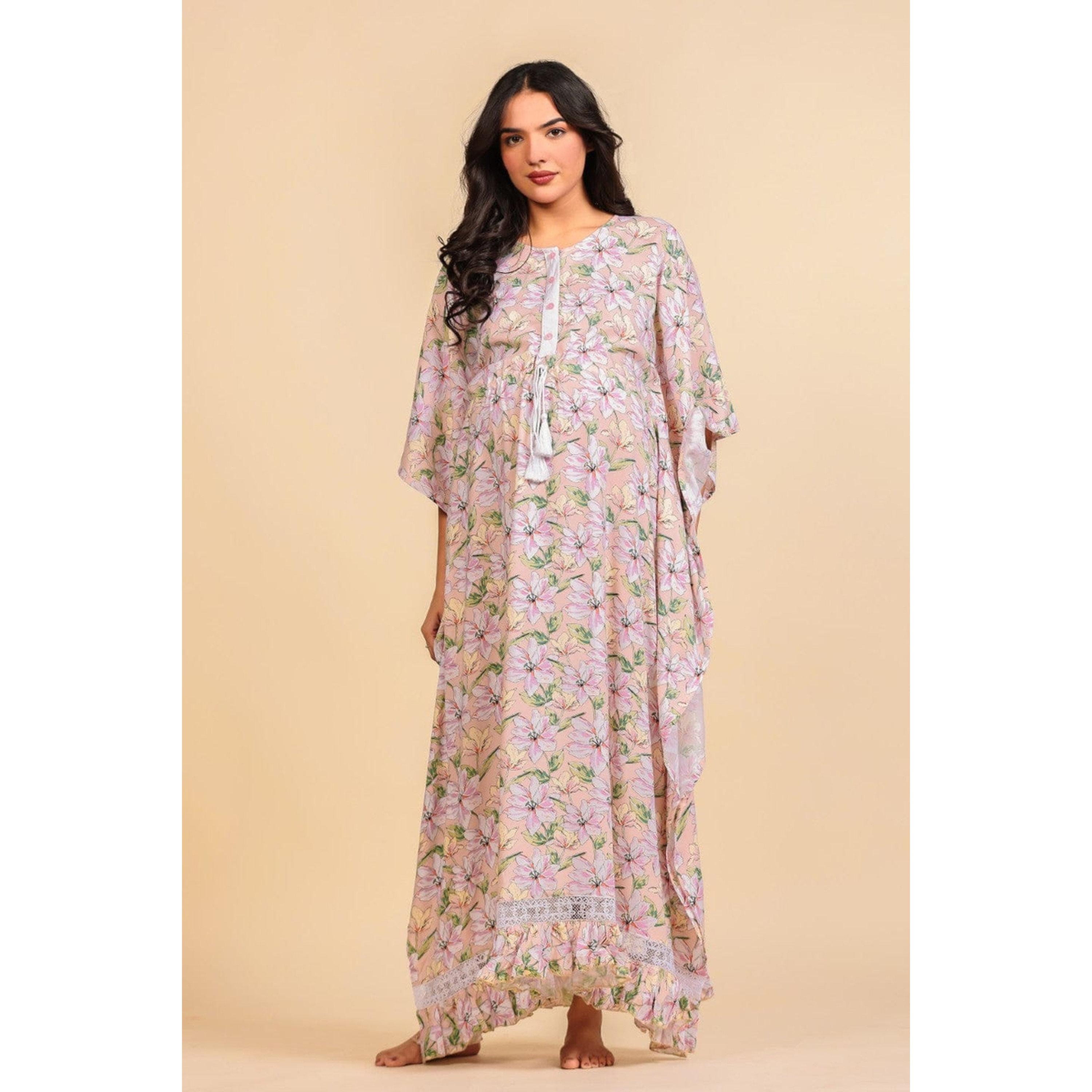 قفطان فيسكوز للحوامل بشرابات دانتيل وطبعة زهور-women-clothing-maternity-nightwear-image-1