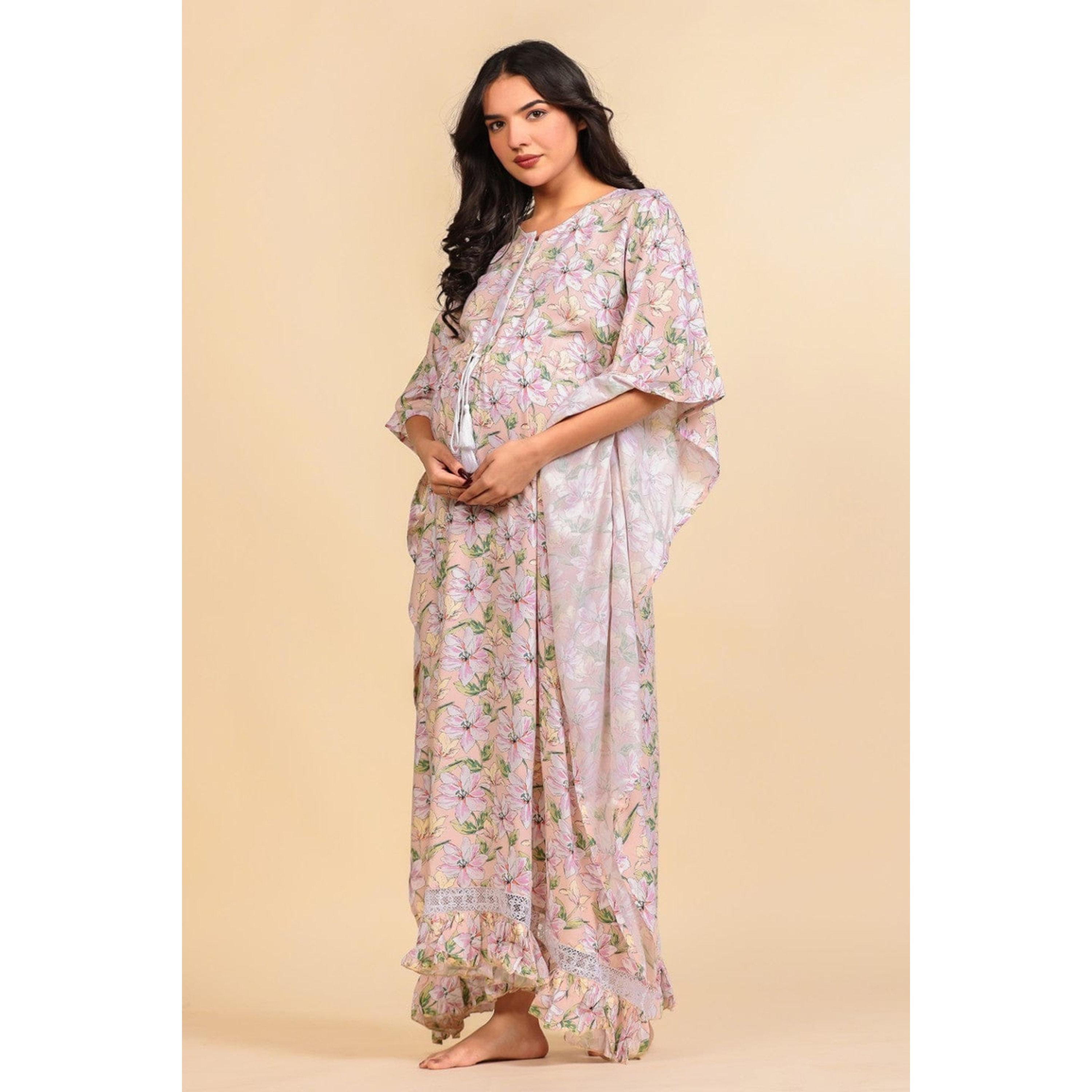 قفطان فيسكوز للحوامل بشرابات دانتيل وطبعة زهور-women-clothing-maternity-nightwear-image-2