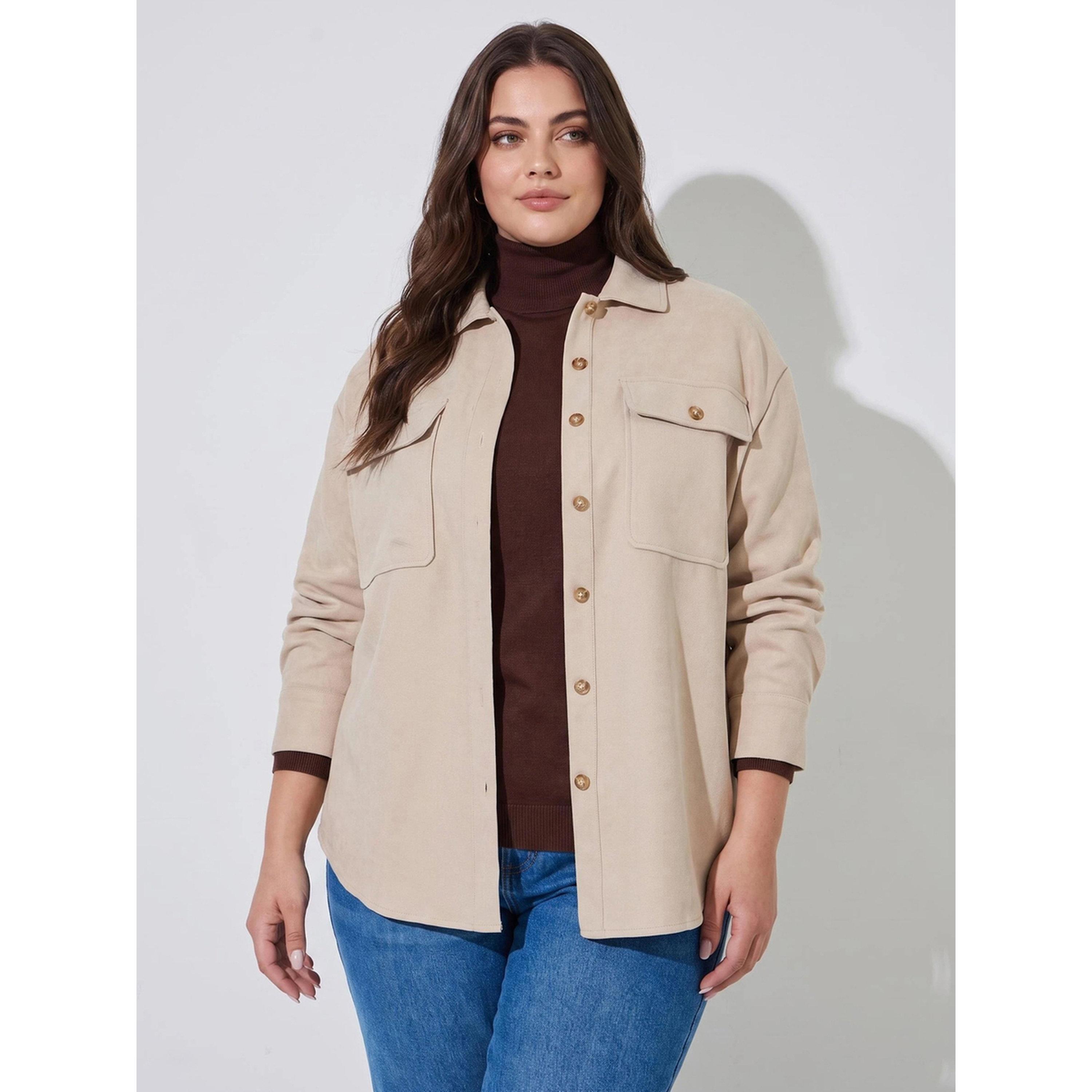 بلوزة سادة بأكمام طويلة وتفاصيل جيوب بمقاس كبير باللون البيج-women-clothing-shirtsandblouses-shirts-image-1