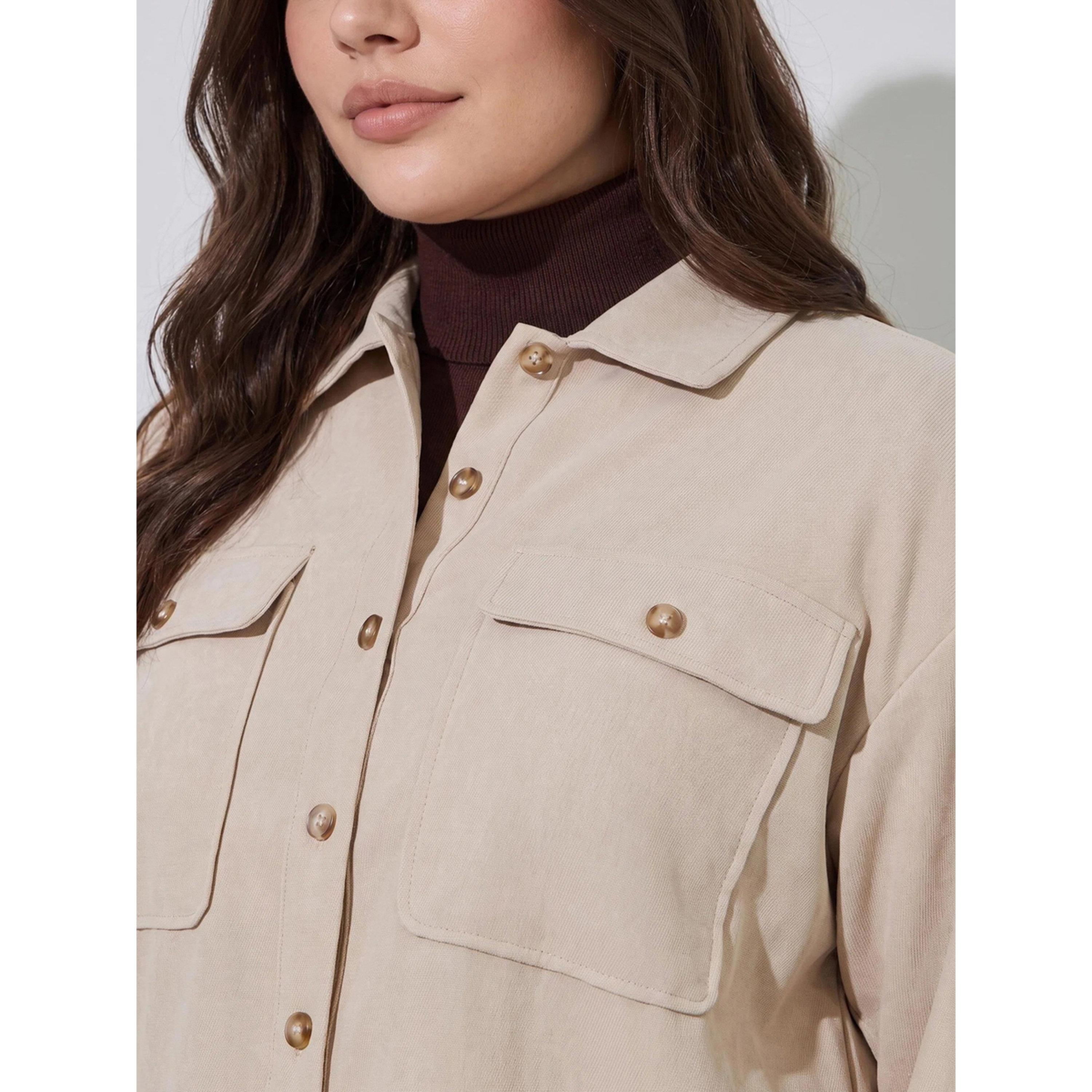 بلوزة سادة بأكمام طويلة وتفاصيل جيوب بمقاس كبير باللون البيج-women-clothing-shirtsandblouses-shirts-image-4
