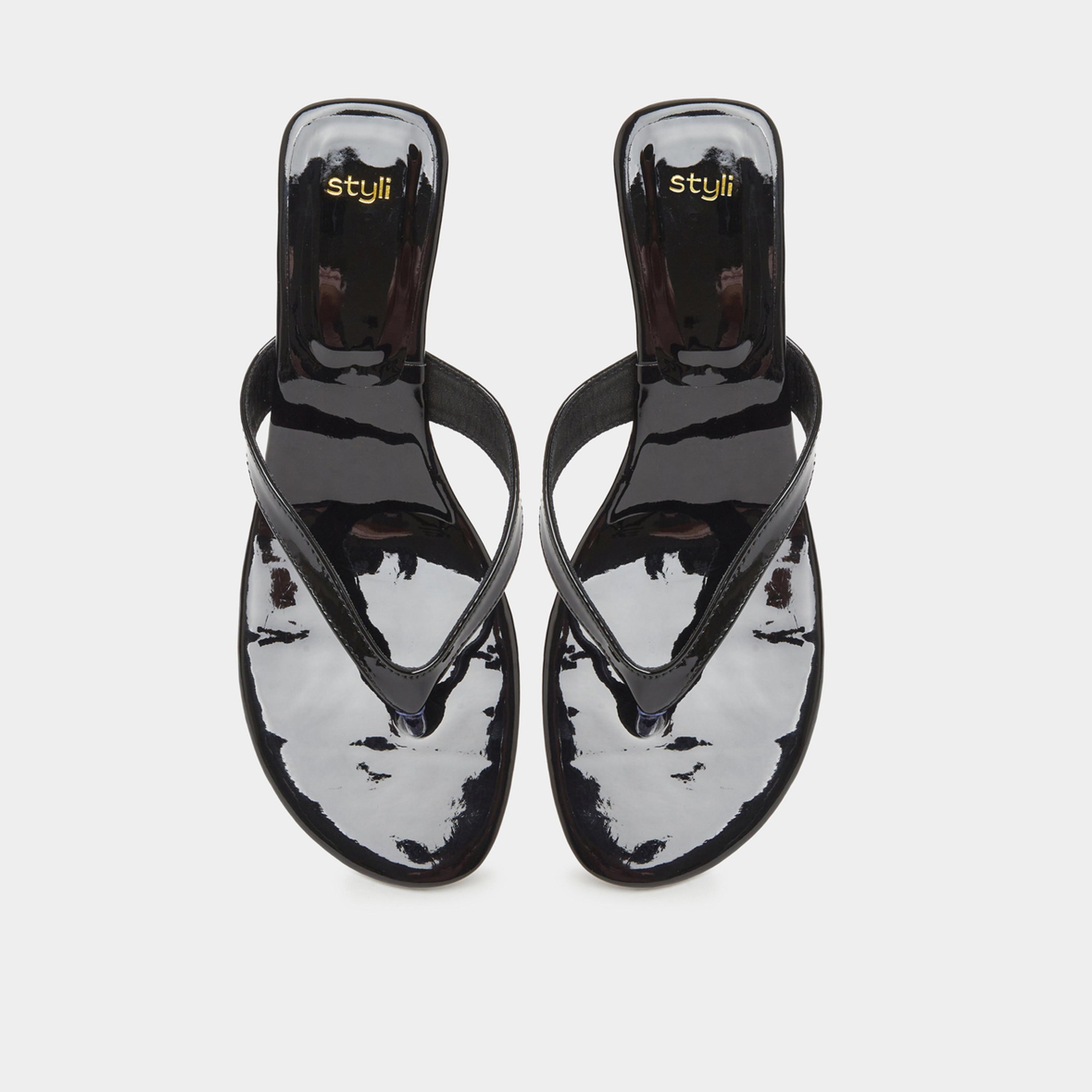 Styli Black Patent Mid Heel Thong Sandals-women-shoes-sandals-heeled-image-3