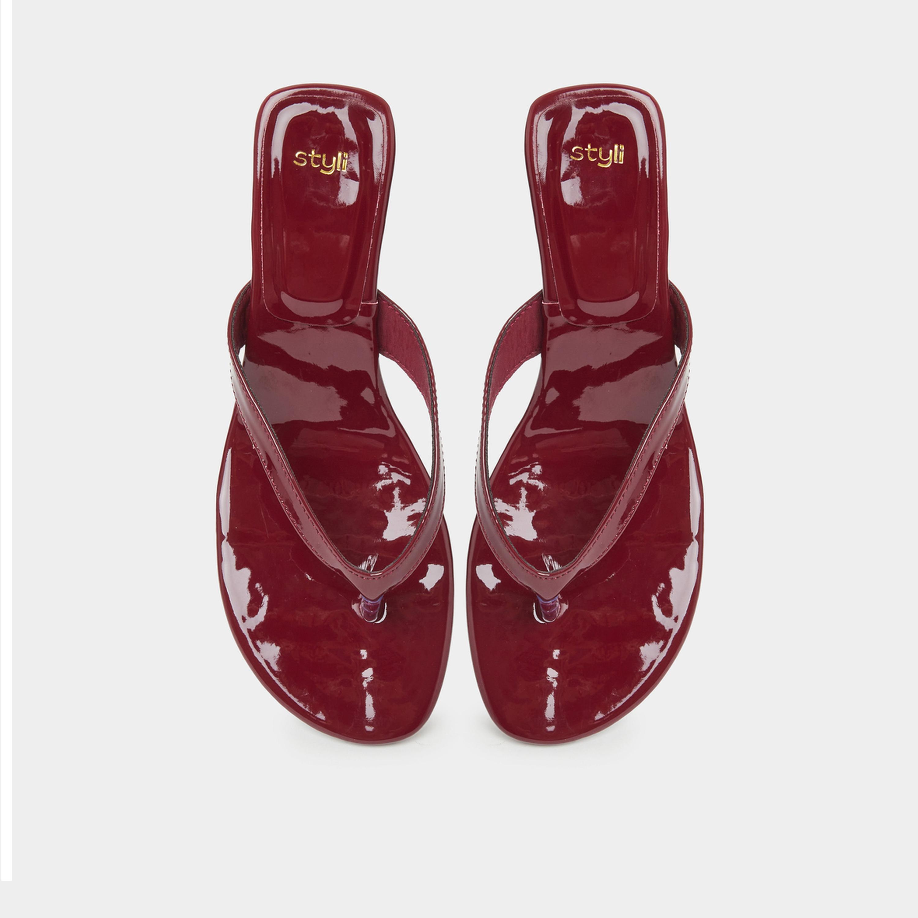 Styli Burgundy Patent Mid Heel Thong Sandals-women-shoes-sandals-heeled-image-3
