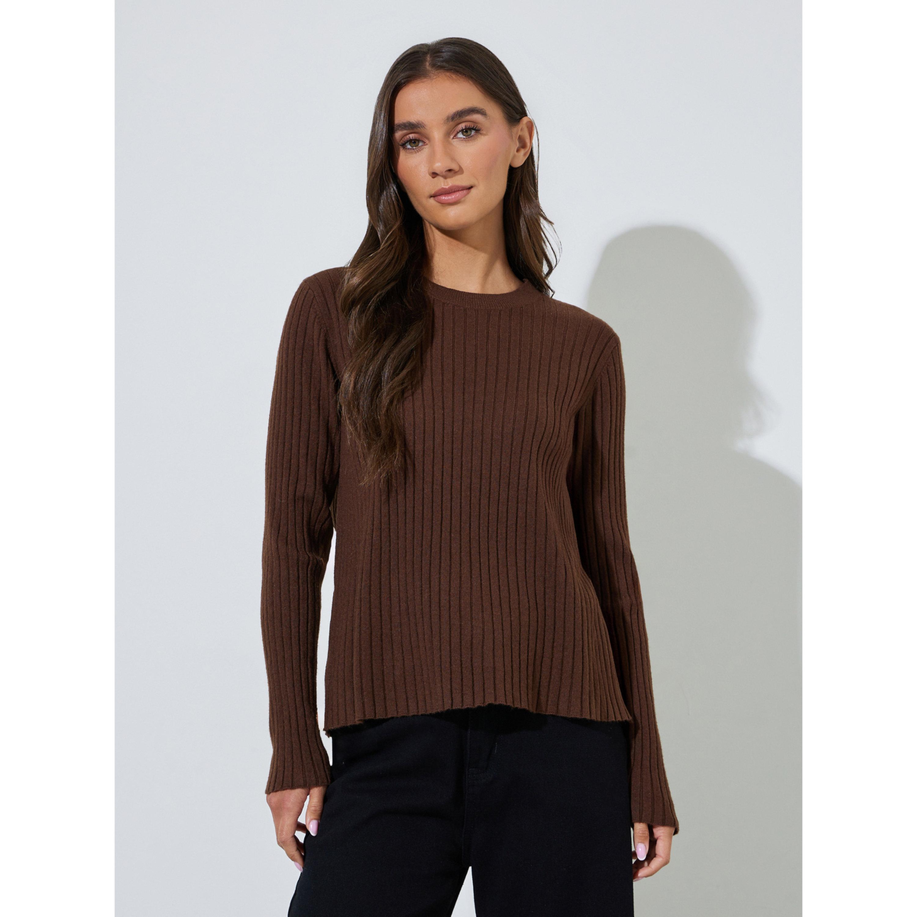 Styli Brown Ribbed Knit Long Sleeve Top-women-clothing-shirtsandblouses-blouses-image-1