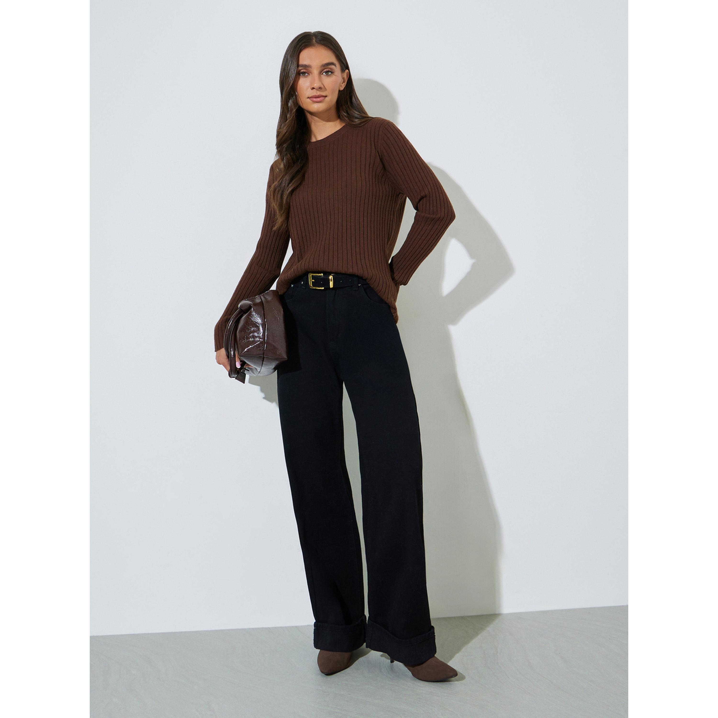 Styli Brown Ribbed Knit Long Sleeve Top-women-clothing-shirtsandblouses-blouses-image-2