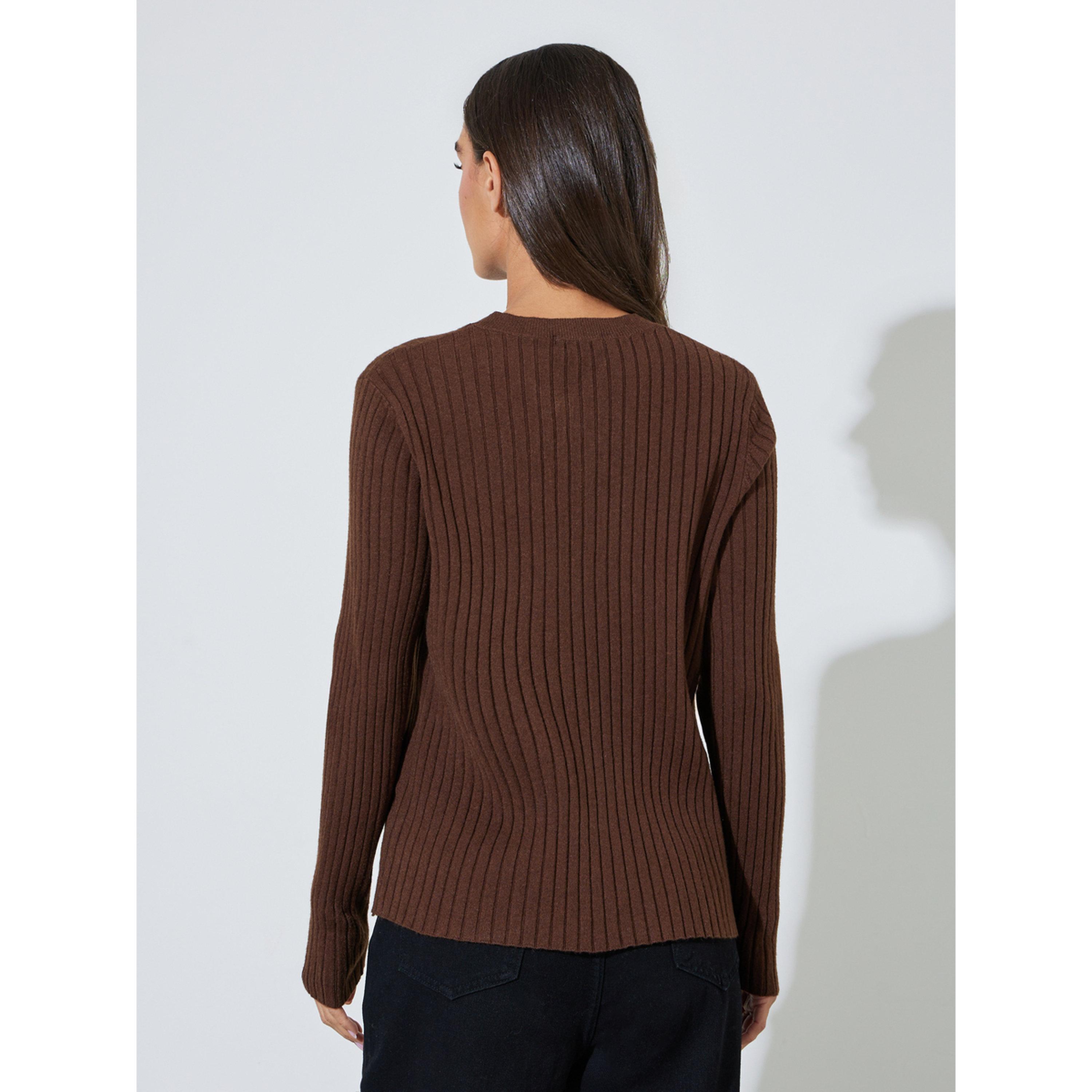 ستايلي - بلوزة بنية اللون بأكمام طويلة محبوكة مضلعة-women-clothing-shirtsandblouses-blouses-image-3