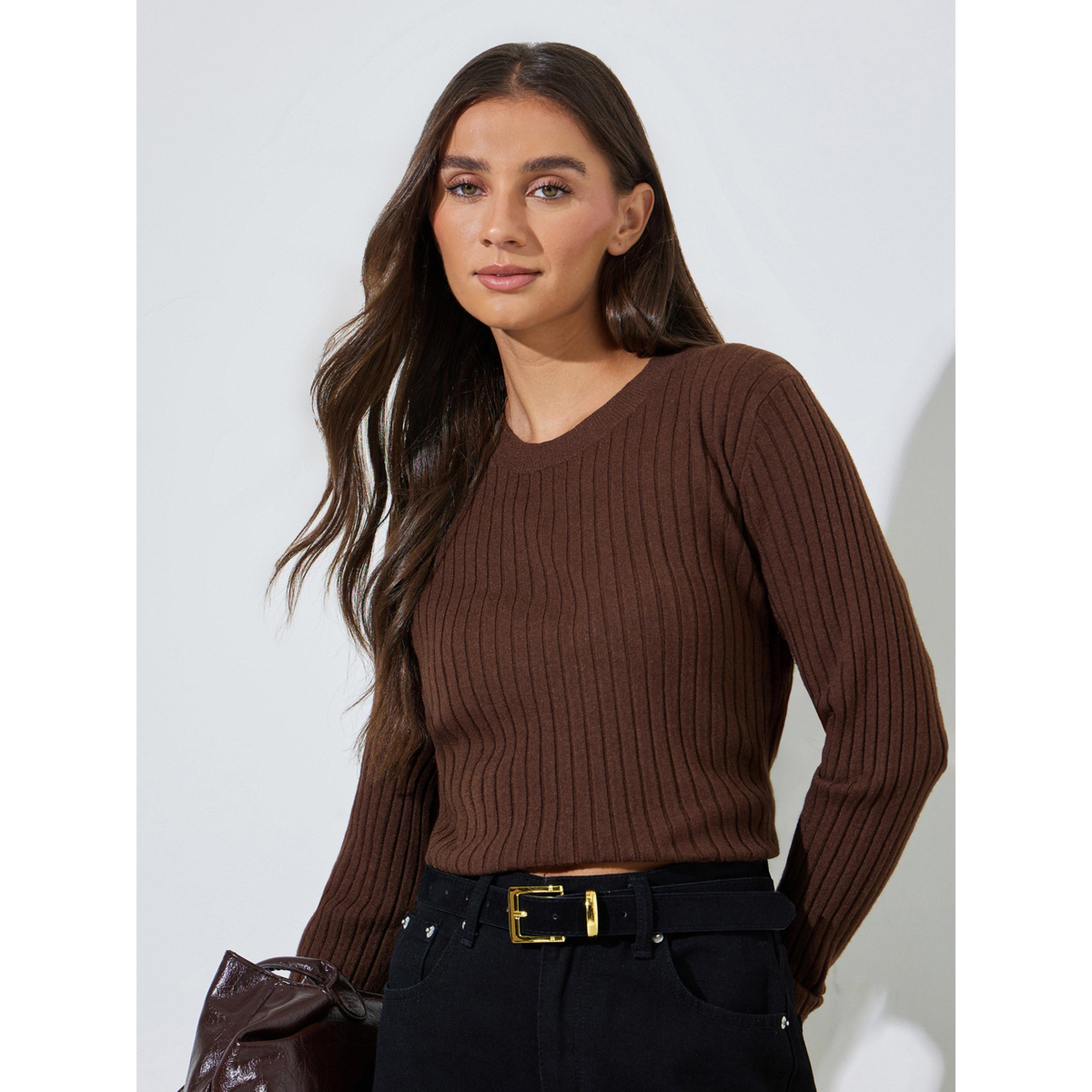 Styli Brown Ribbed Knit Long Sleeve Top-women-clothing-shirtsandblouses-blouses-image-4