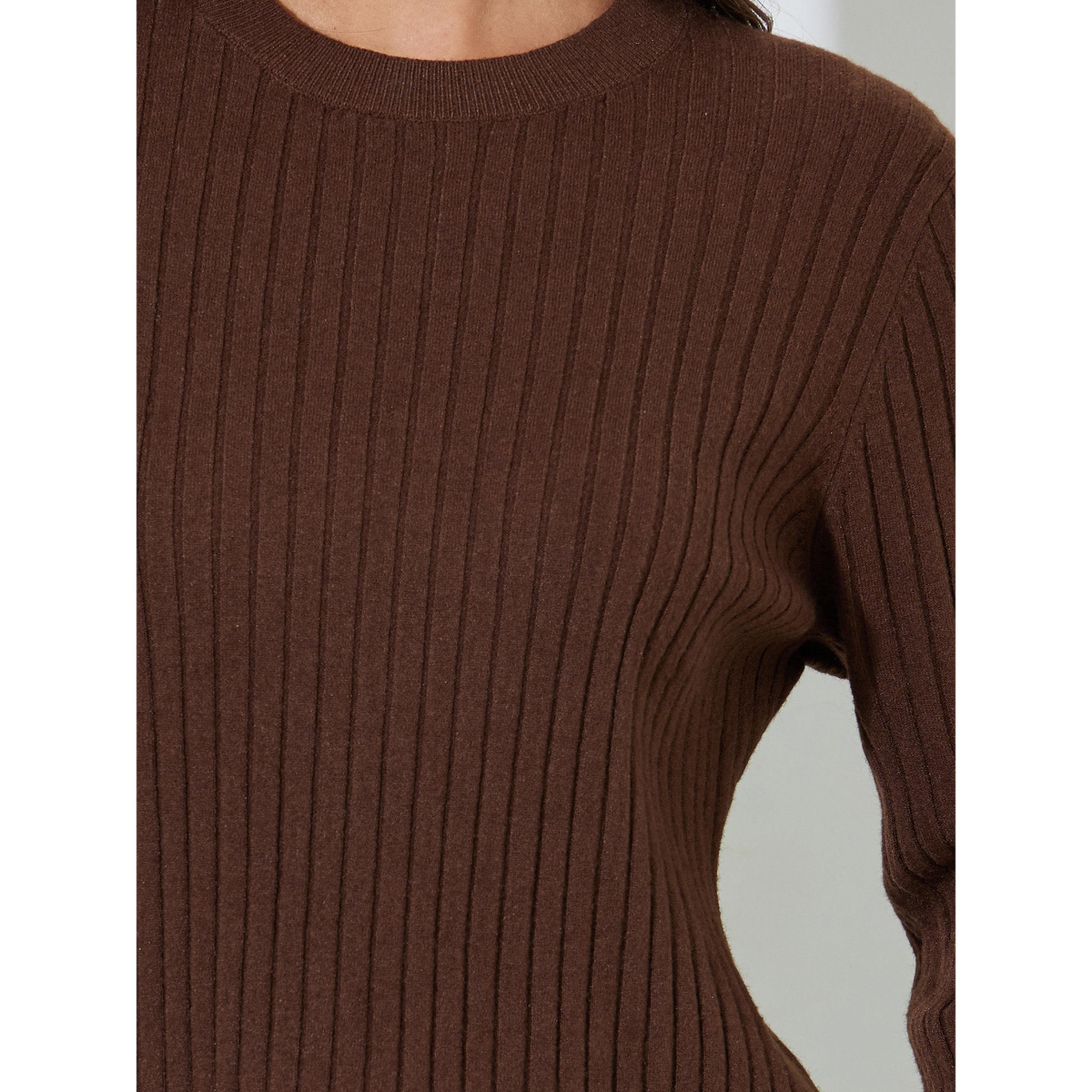 Styli Brown Ribbed Knit Long Sleeve Top-women-clothing-shirtsandblouses-blouses-image-5