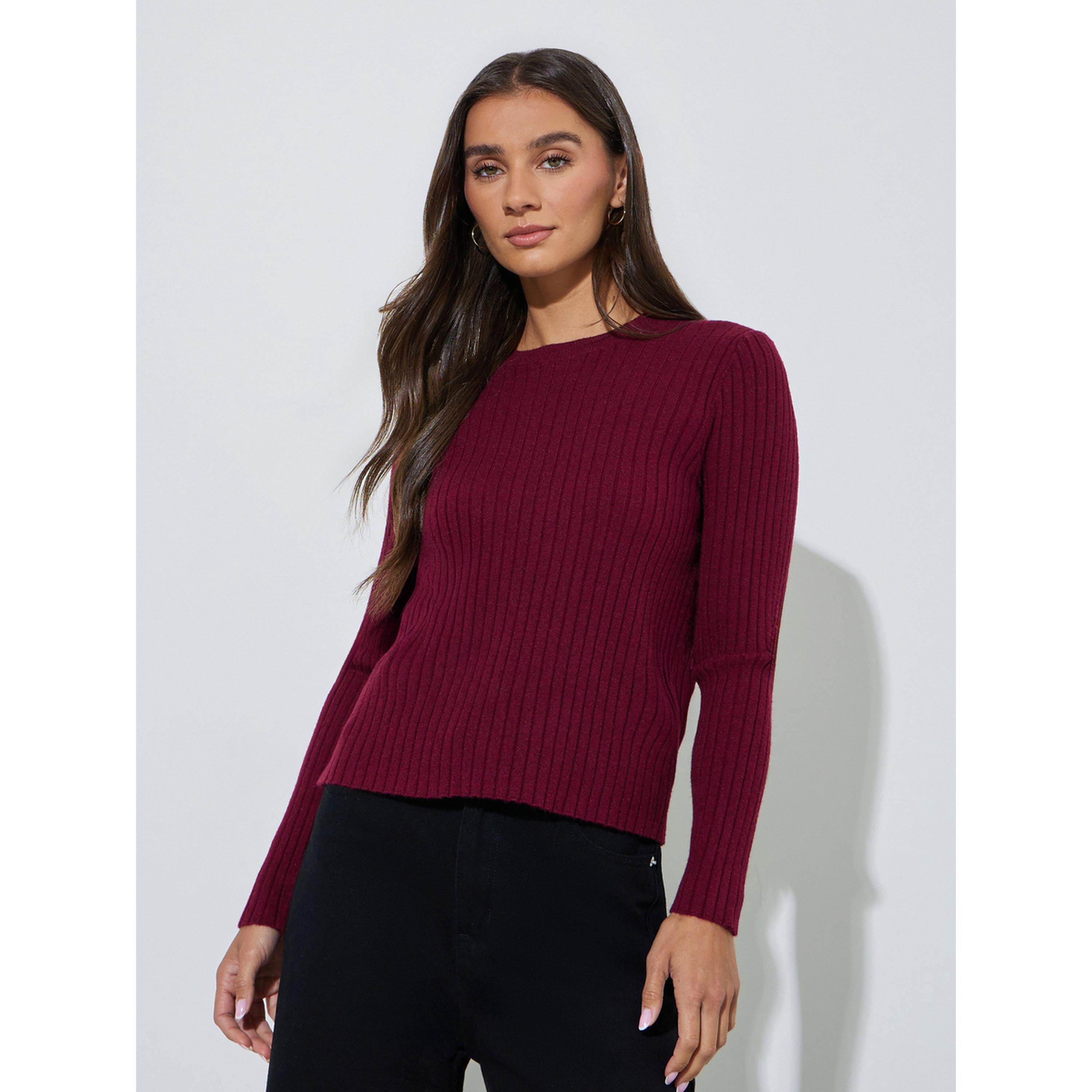 ستايلي - بلوزة  برغندي محبوكة مضلعة بأكمام طويلة-women-clothing-shirtsandblouses-blouses-image-1