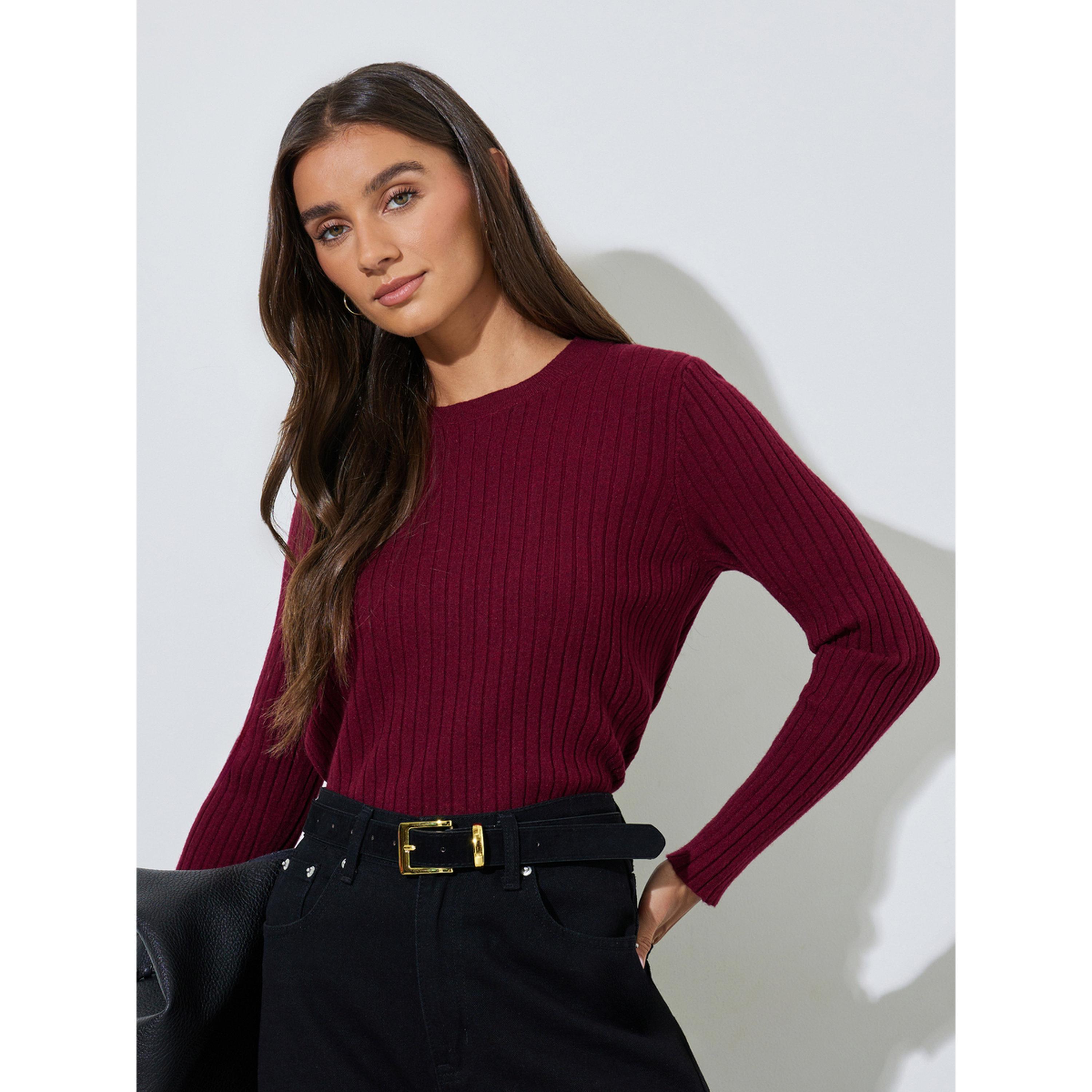 ستايلي - بلوزة  برغندي محبوكة مضلعة بأكمام طويلة-women-clothing-shirtsandblouses-blouses-image-3