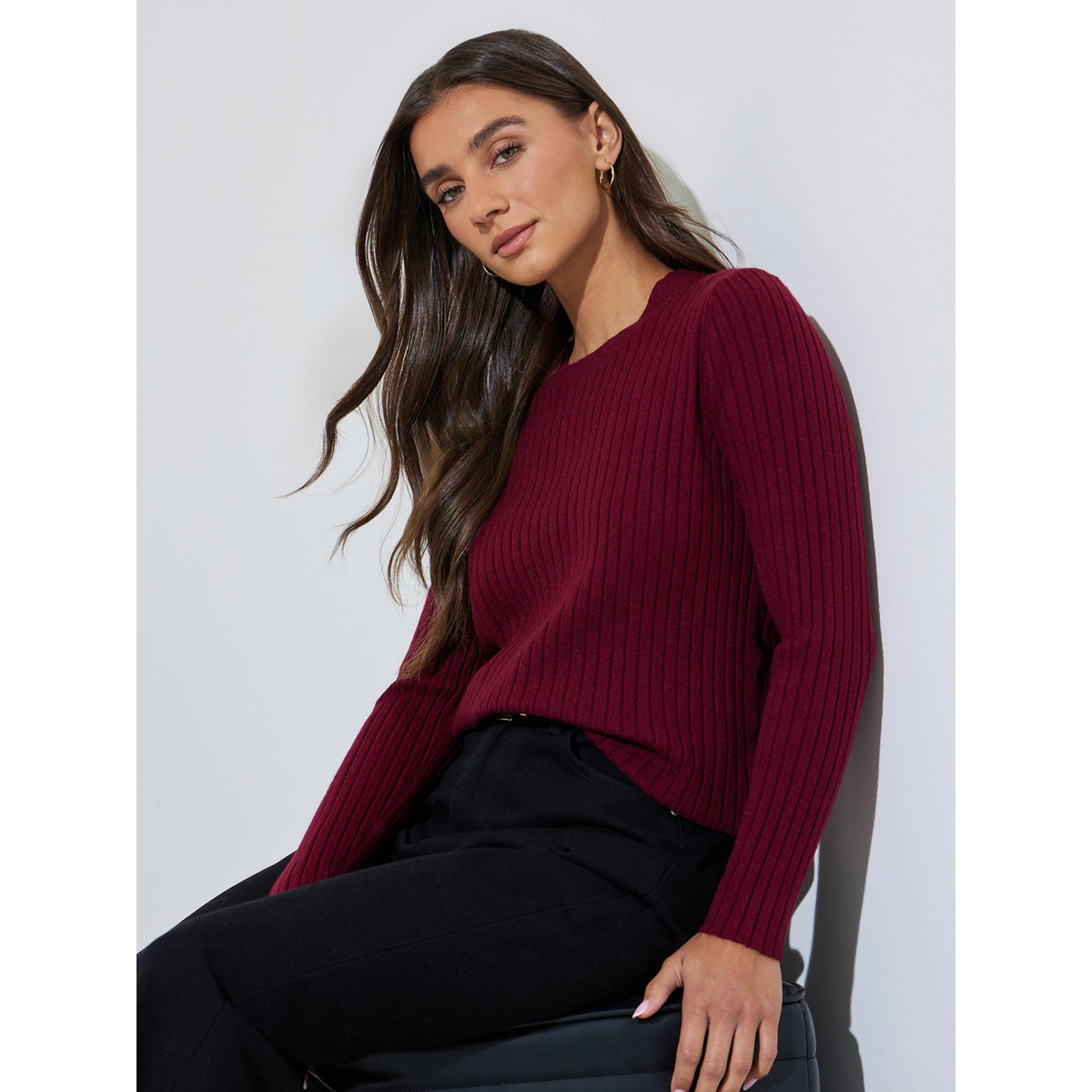 ستايلي - بلوزة  برغندي محبوكة مضلعة بأكمام طويلة-women-clothing-shirtsandblouses-blouses-image-5
