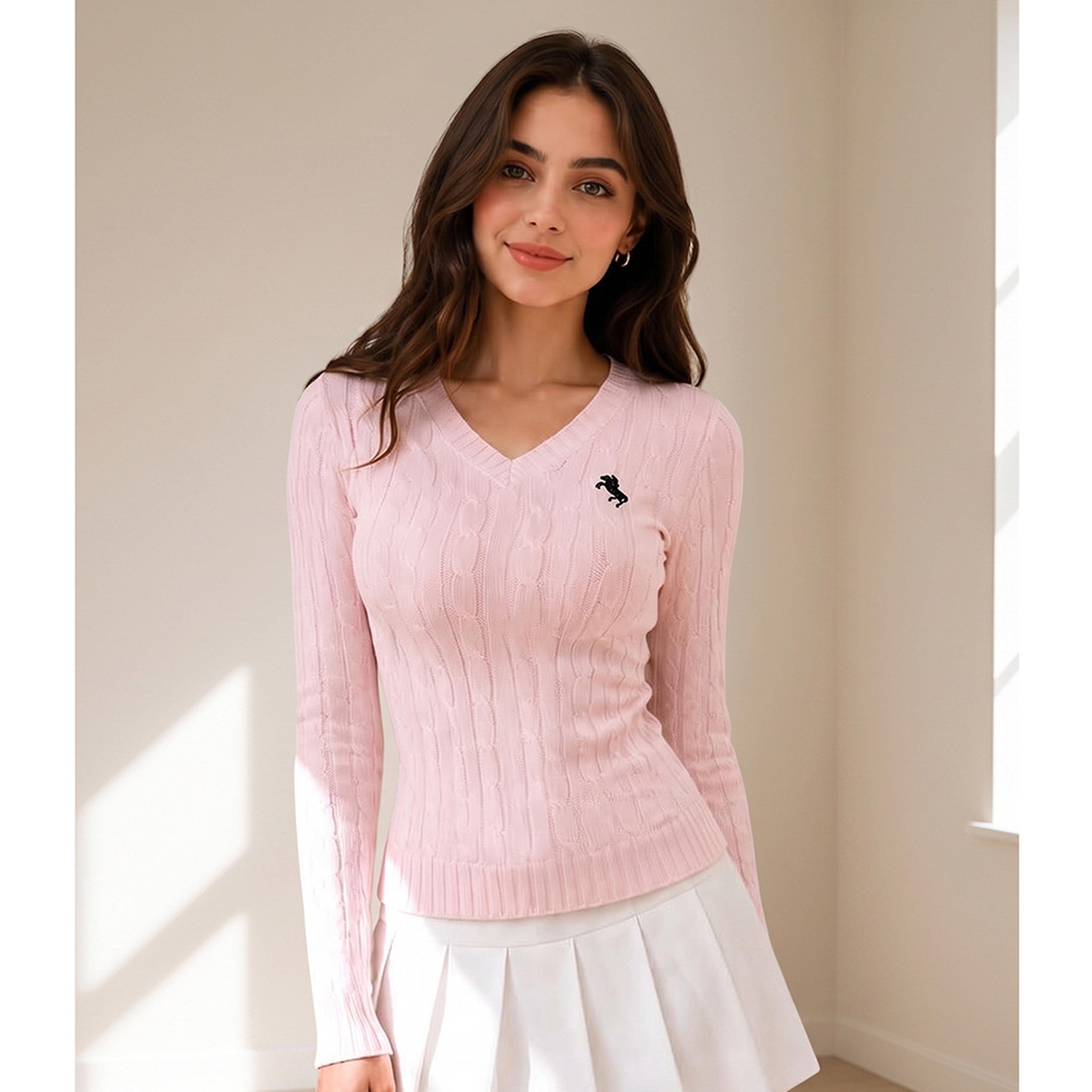 Take Two Pink V-Neck Cable Knit Pullover Sweater-women-winterwear-cardigansandjumpers-jumpers-image-1