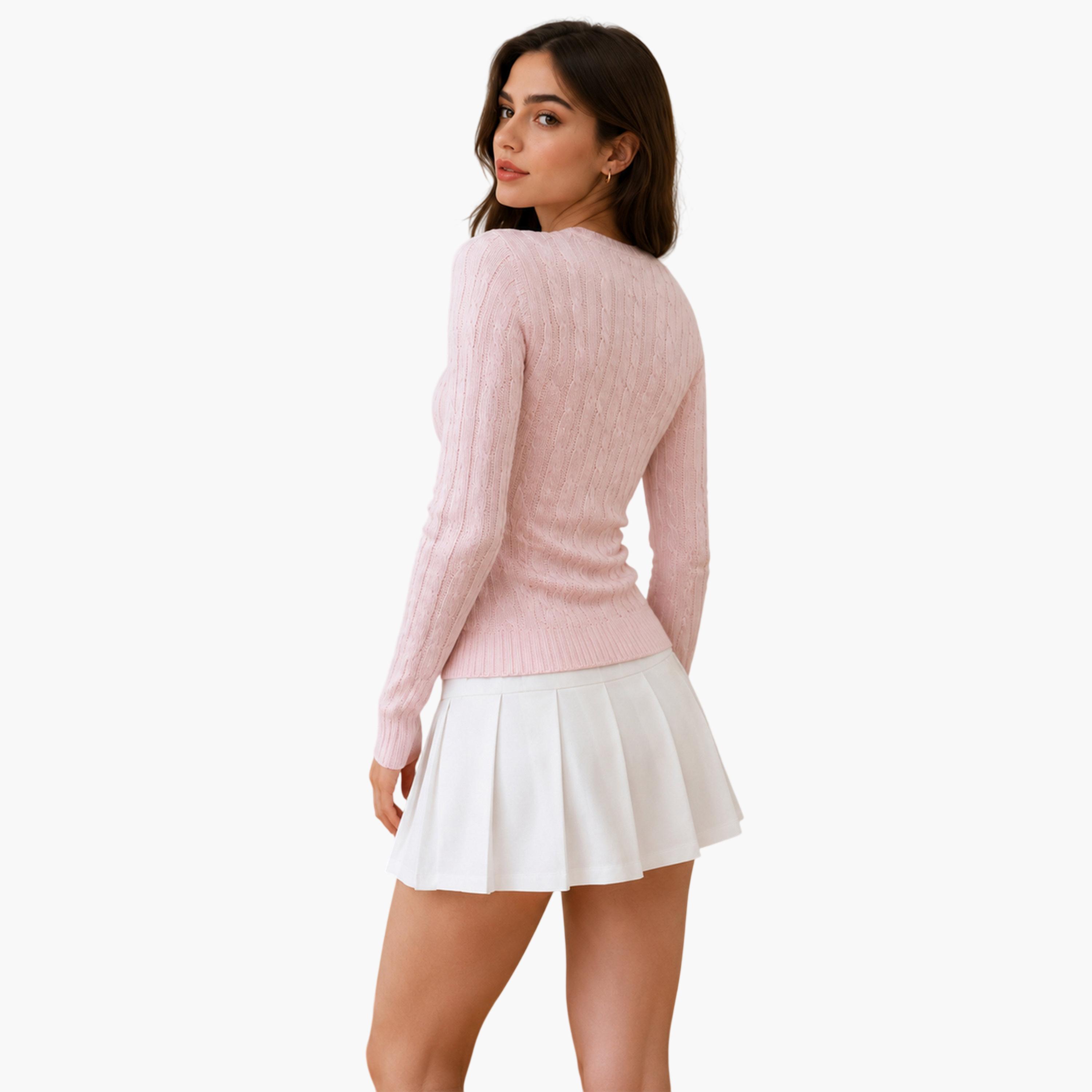 Take Two Pink V-Neck Cable Knit Pullover Sweater-women-winterwear-cardigansandjumpers-jumpers-image-5