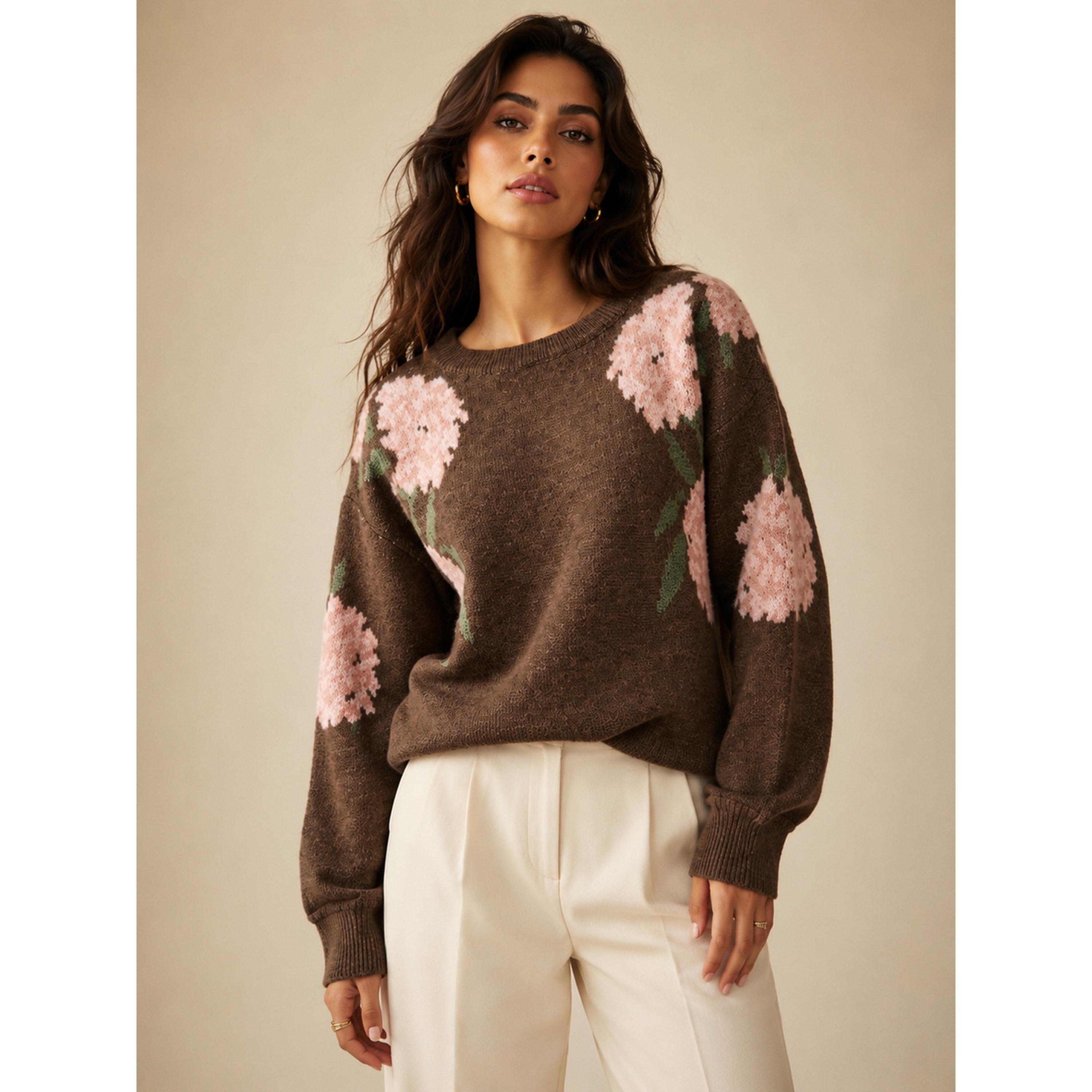 Take Two Brown Floral Knit Sweater-women-winterwear-cardigansandjumpers-jumpers-image-1