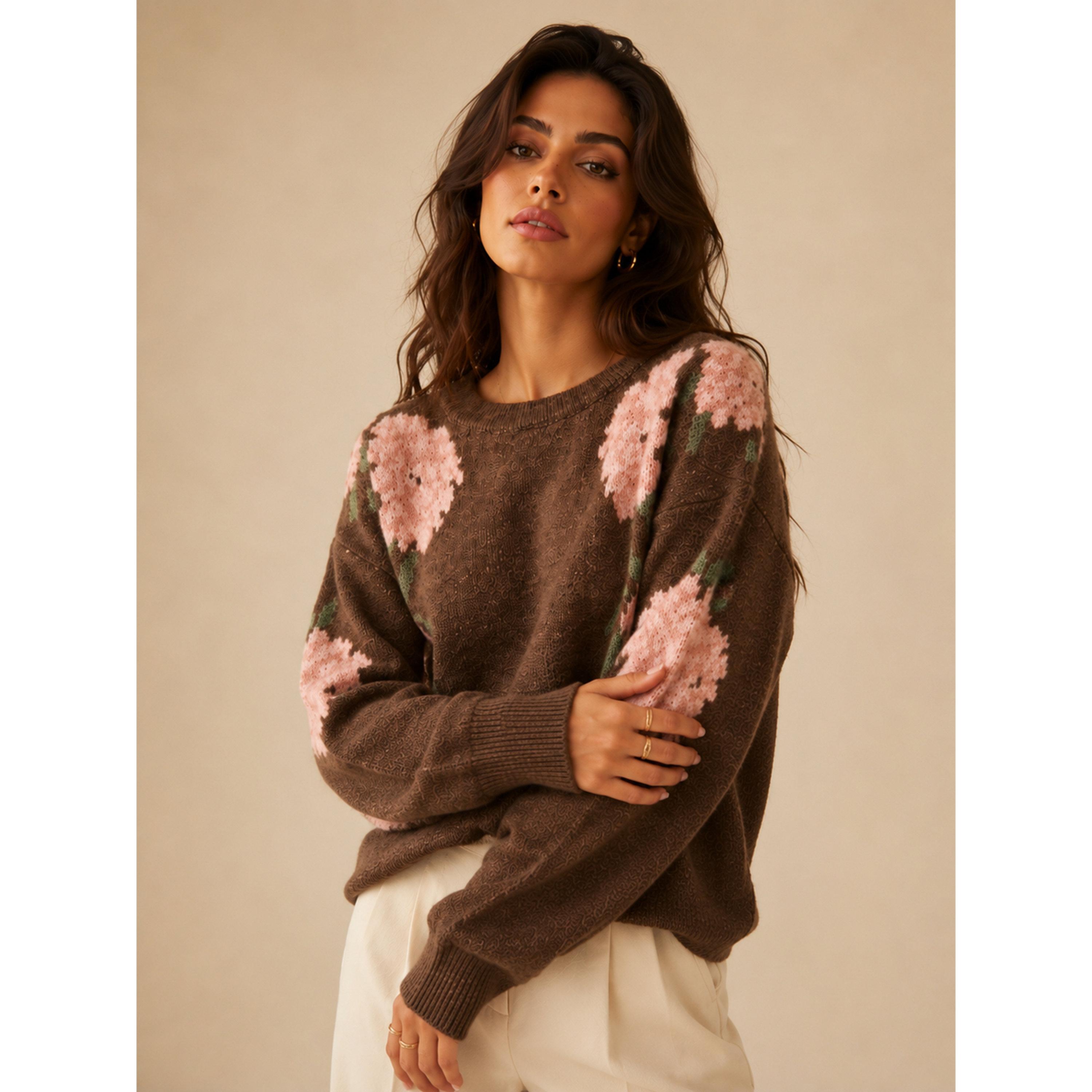 Take Two Brown Floral Knit Sweater-women-winterwear-cardigansandjumpers-jumpers-image-2