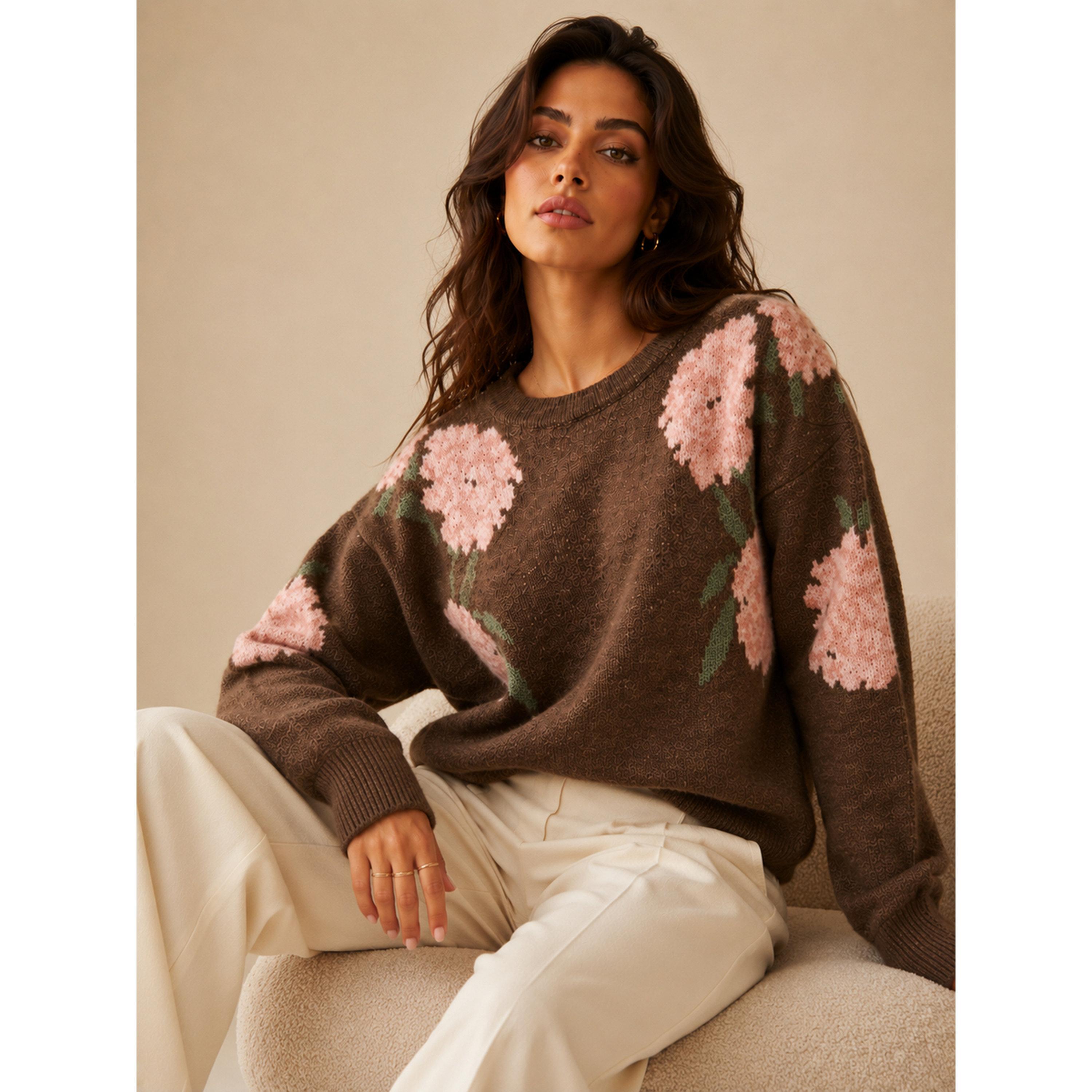 Take Two Brown Floral Knit Sweater-women-winterwear-cardigansandjumpers-jumpers-image-4