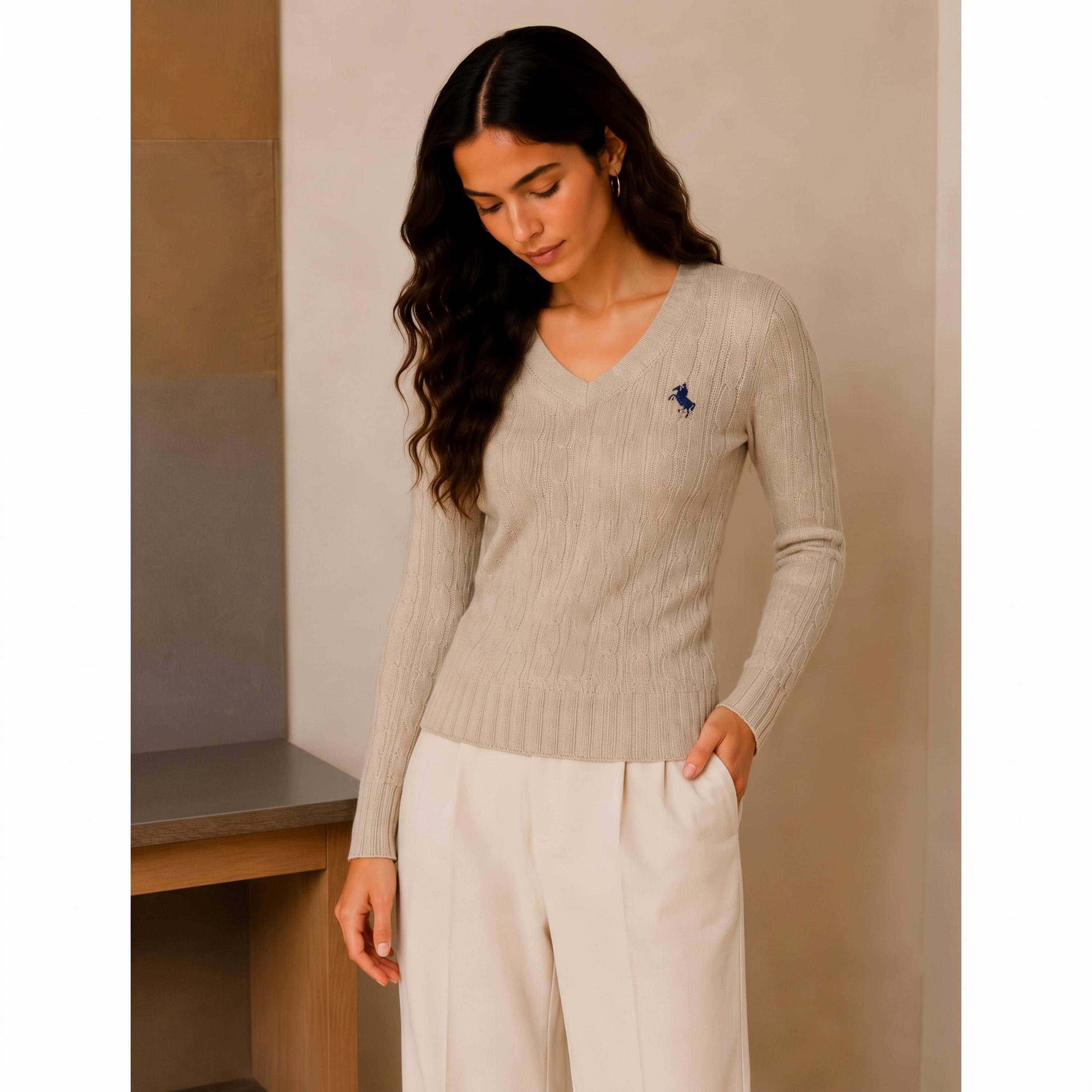 Take Two Khaki Cable Knit V-Neck Sweater-women-winterwear-cardigansandjumpers-jumpers-image-4