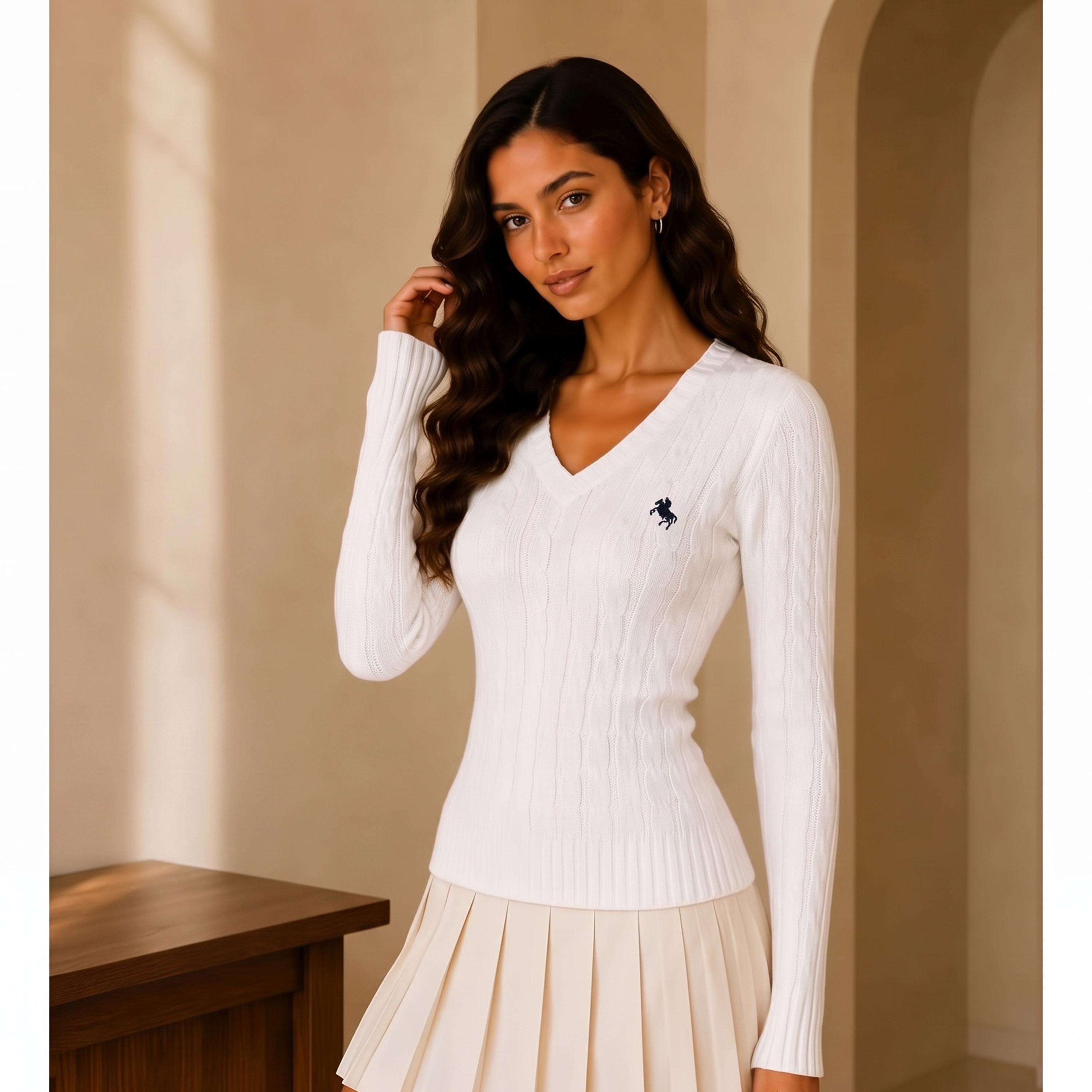 Take Two White V-Neck Cable Knit Pullover-women-winterwear-cardigansandjumpers-jumpers-image-1