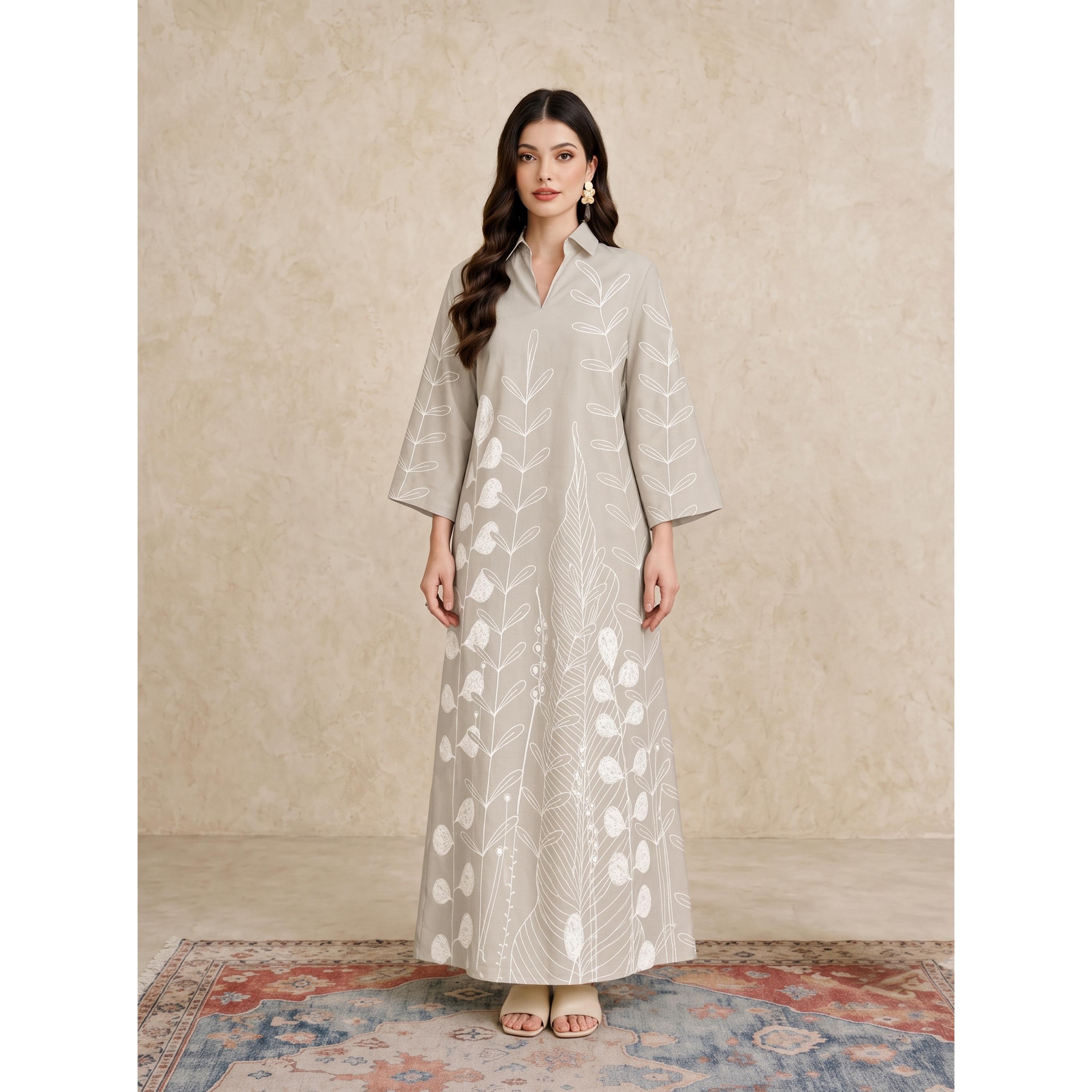 Take Two Beige All Over Print Open Collar Jalabiya-women-arabicclothing-jalabiyas-image-1