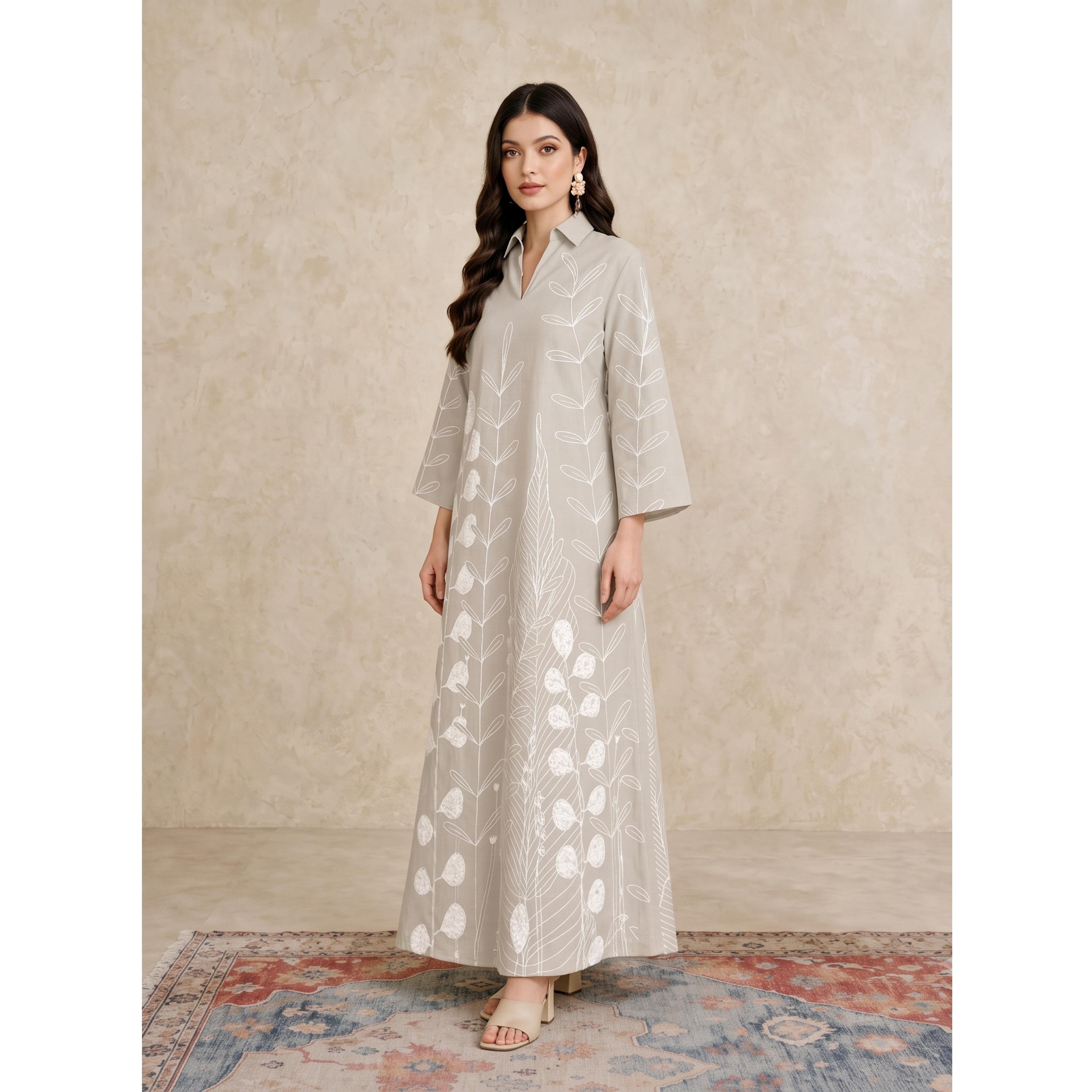 Take Two Beige All Over Print Open Collar Jalabiya-women-arabicclothing-jalabiyas-image-2