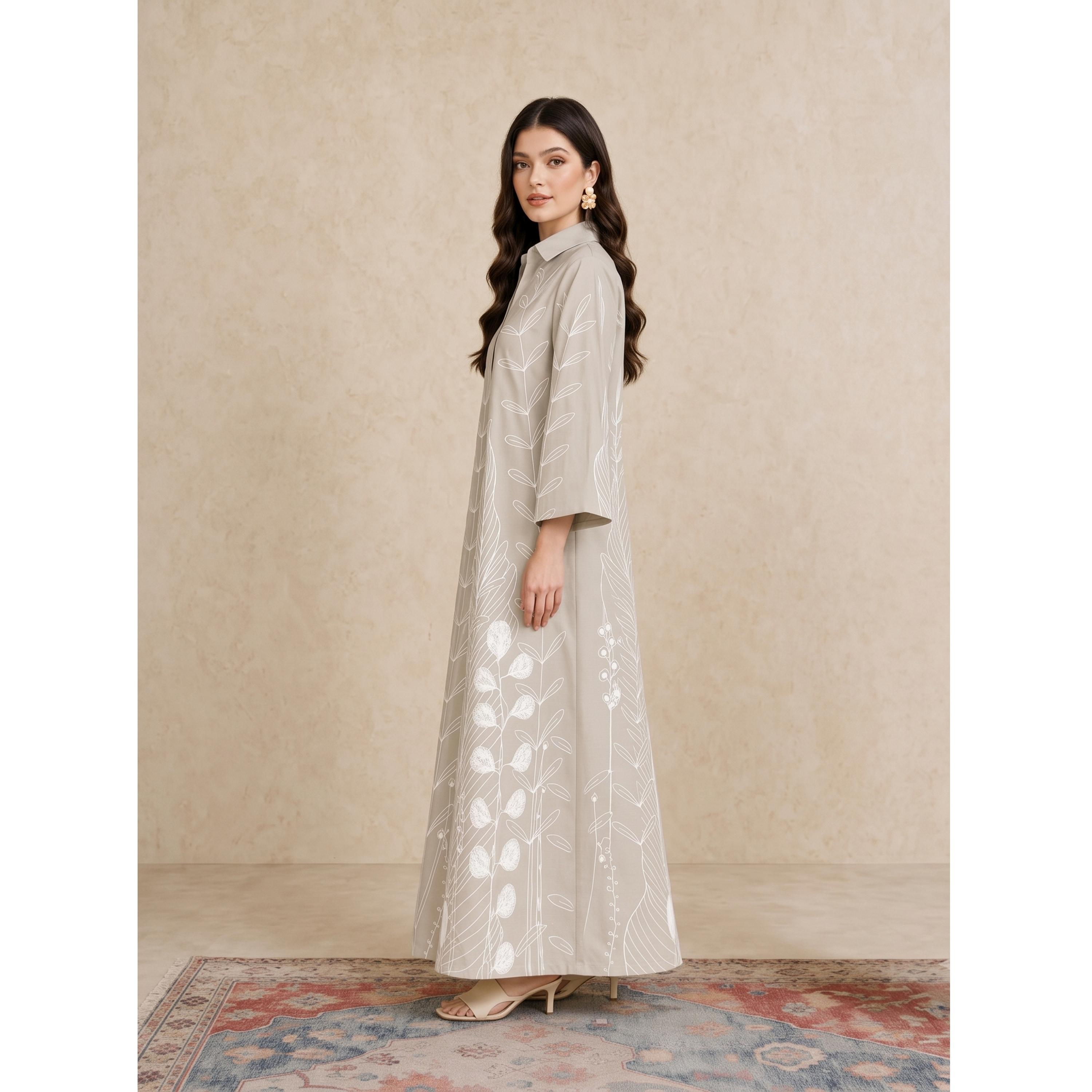 Take Two Beige All Over Print Open Collar Jalabiya-women-arabicclothing-jalabiyas-image-3