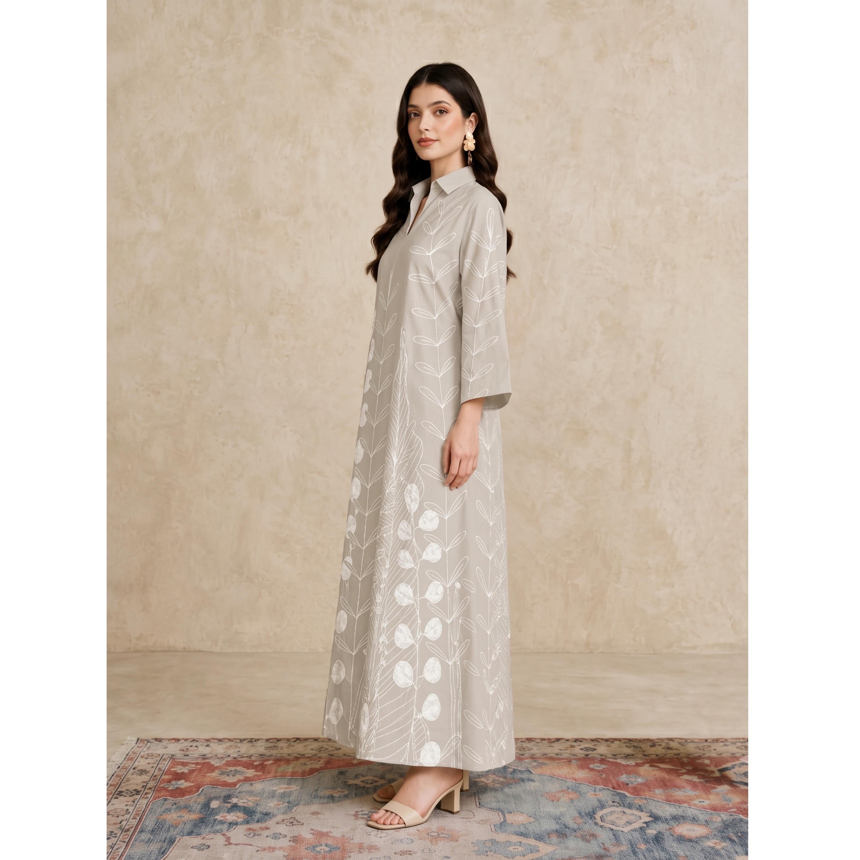 Take Two Beige All Over Print Open Collar Jalabiya-women-arabicclothing-jalabiyas-image-4
