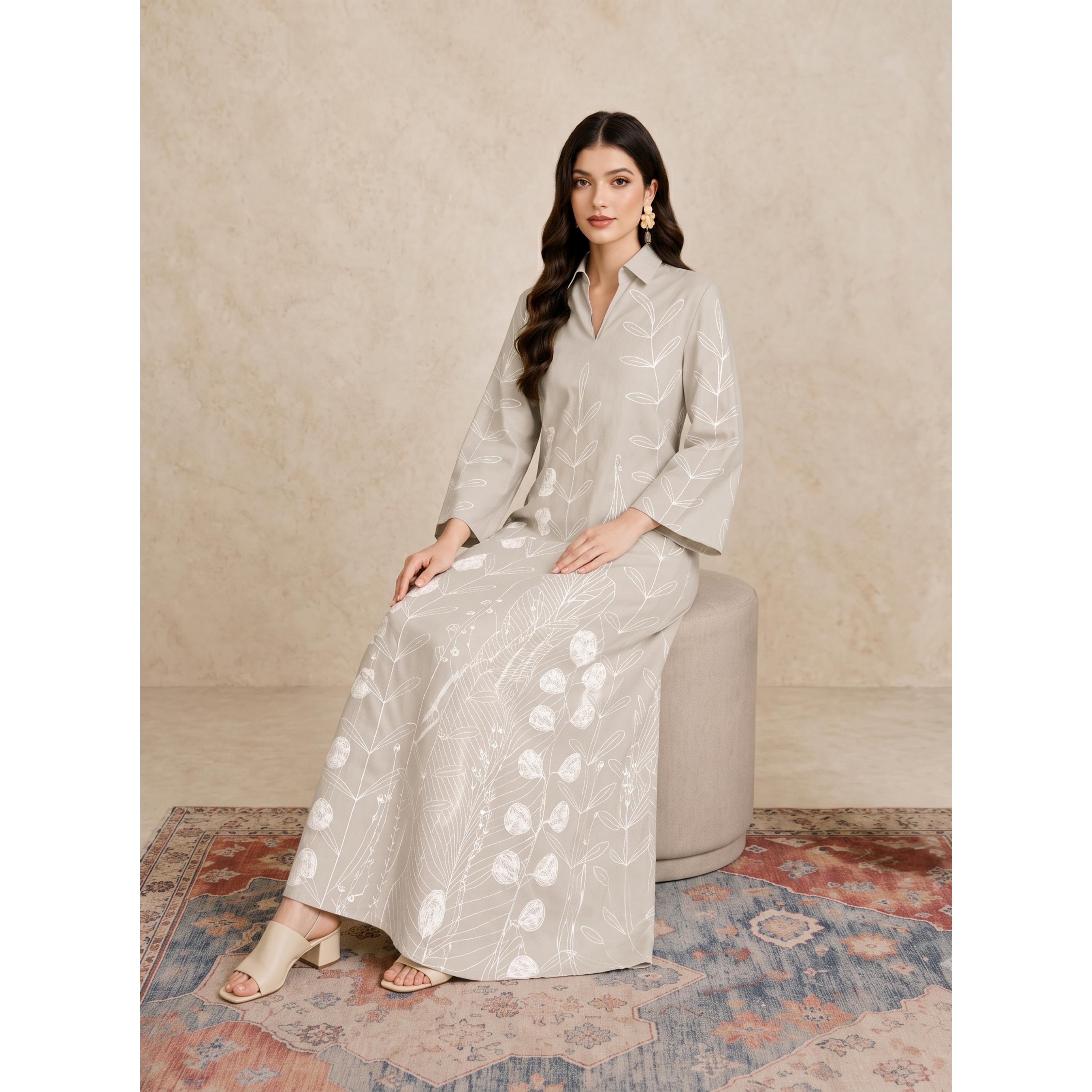 Take Two Beige All Over Print Open Collar Jalabiya-women-arabicclothing-jalabiyas-image-6