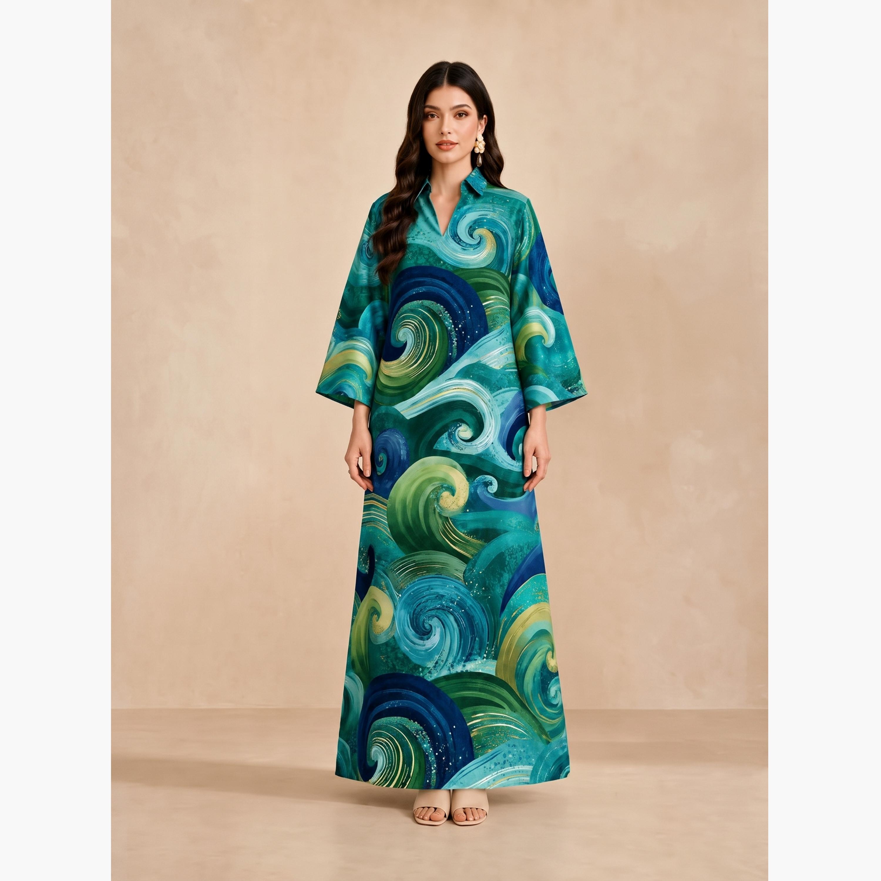 جلابية بياقة مفتوحة وطبعات دوامية-women-arabicclothing-jalabiyas-image-1